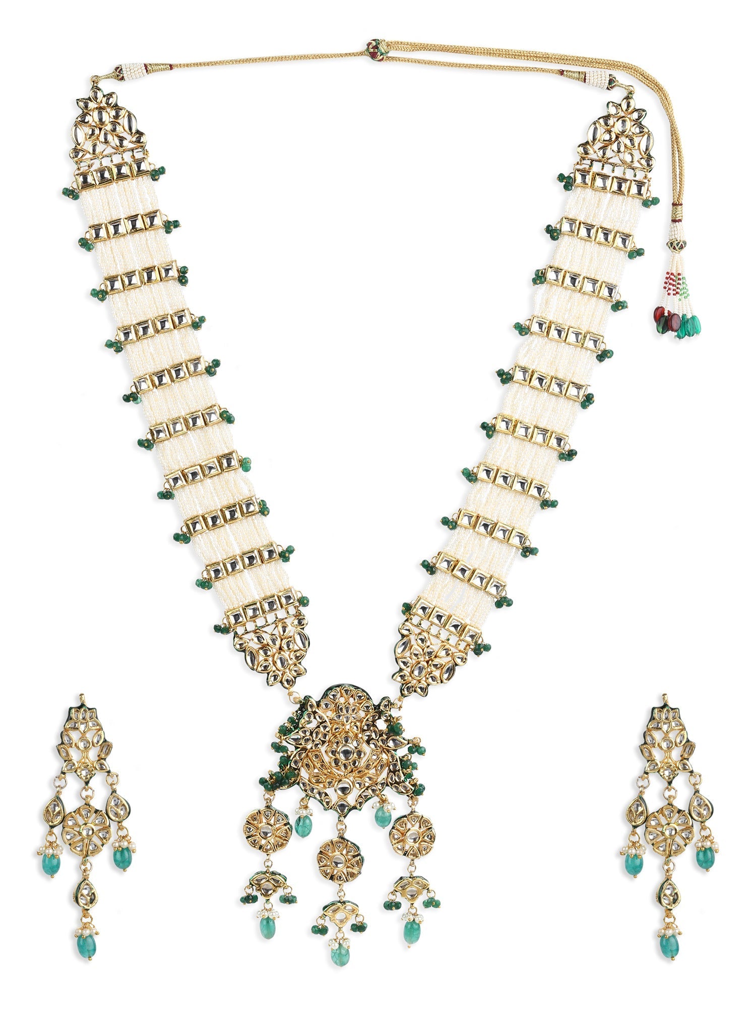 Gold-Polished White Green Kundan Studded Handcrafted Jewellery Set - Ruby Raang - Swadesiicart