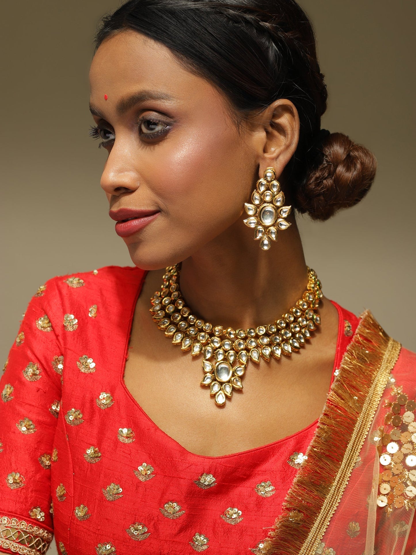 Gold-Polished Kundan Choker With Earring - Ruby Raang | Swadesiicart