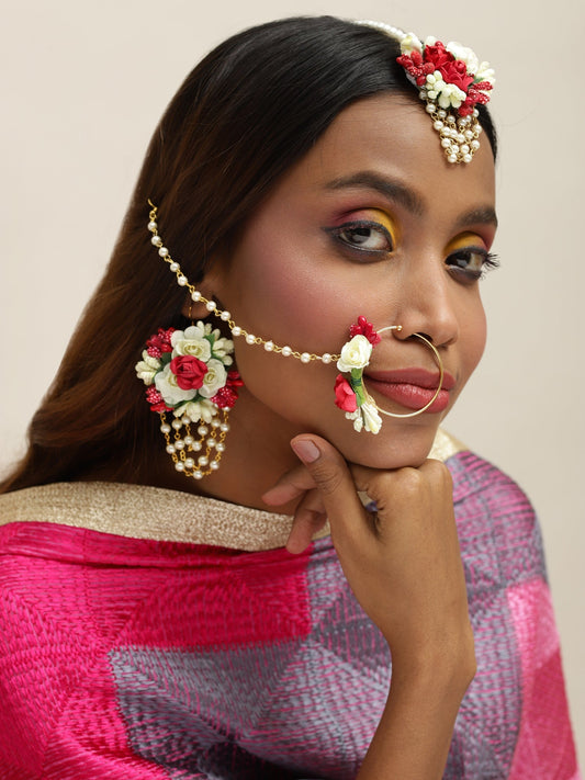 Flower Jewellery Gold-Polished Red Floral Jewellery Set - Ruby Raang - Ruby Raang Studio