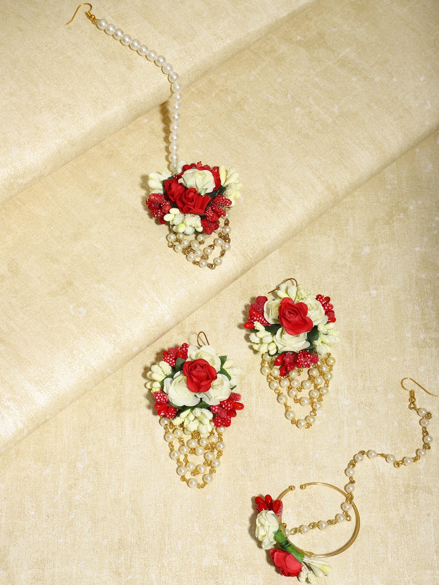 Flower Jewellery Gold-Polished Red Floral Jewellery Set - Ruby Raang - Swadesiicart