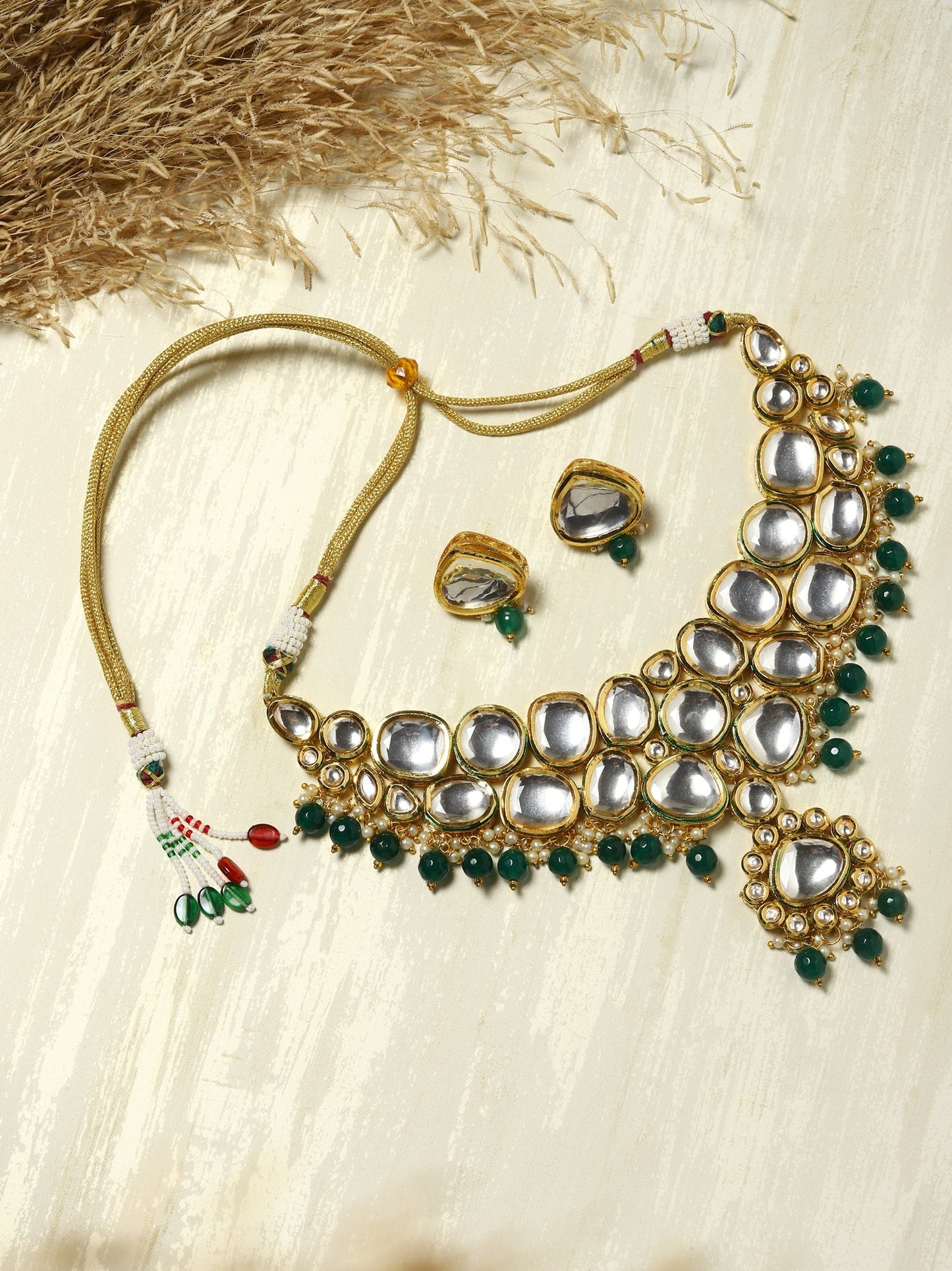 Green White Kundan Choker Jewellery Set - Ruby Raang | Swadesiicart