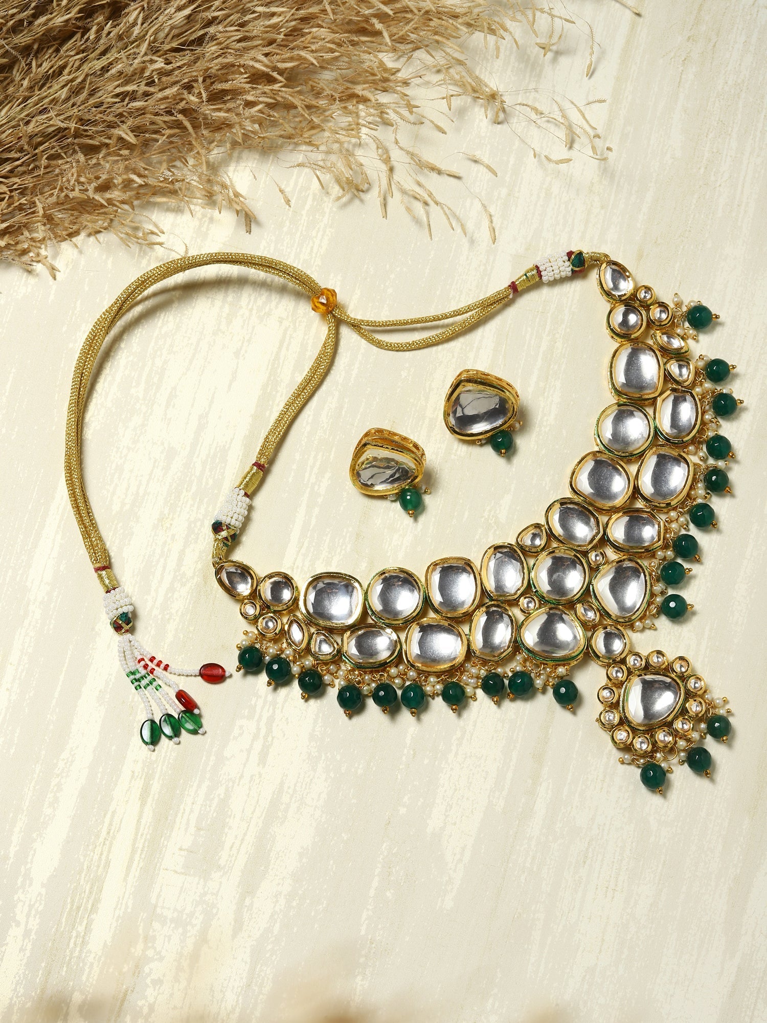 Green White Kundan Choker Jewellery Set - Ruby Raang | Swadesiicart