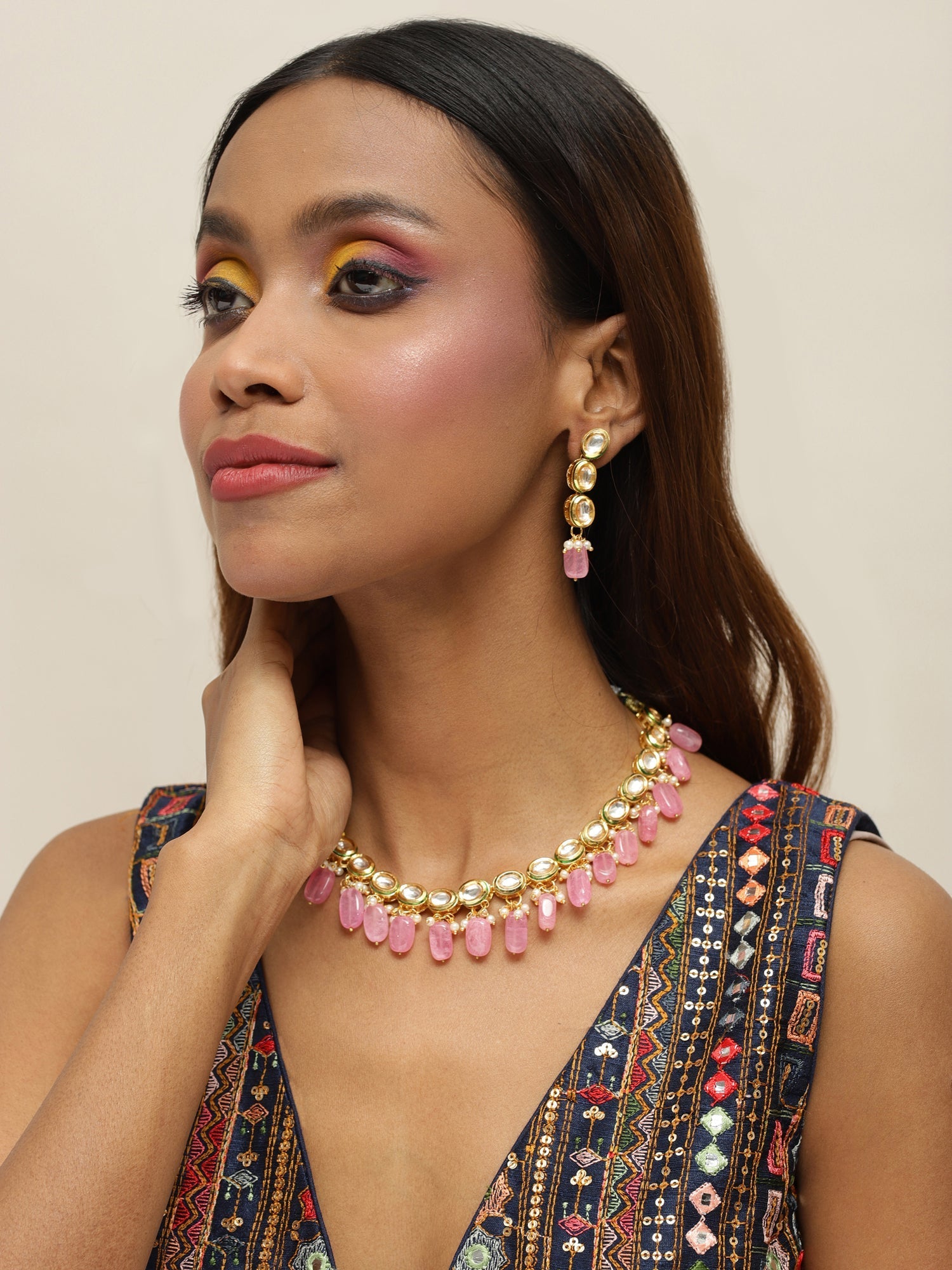 Gold-Polished White Pink Kundan-Studded Pearl Beaded Handcrafted Jewellery Set - Ruby Raang - Ruby Raang Studio