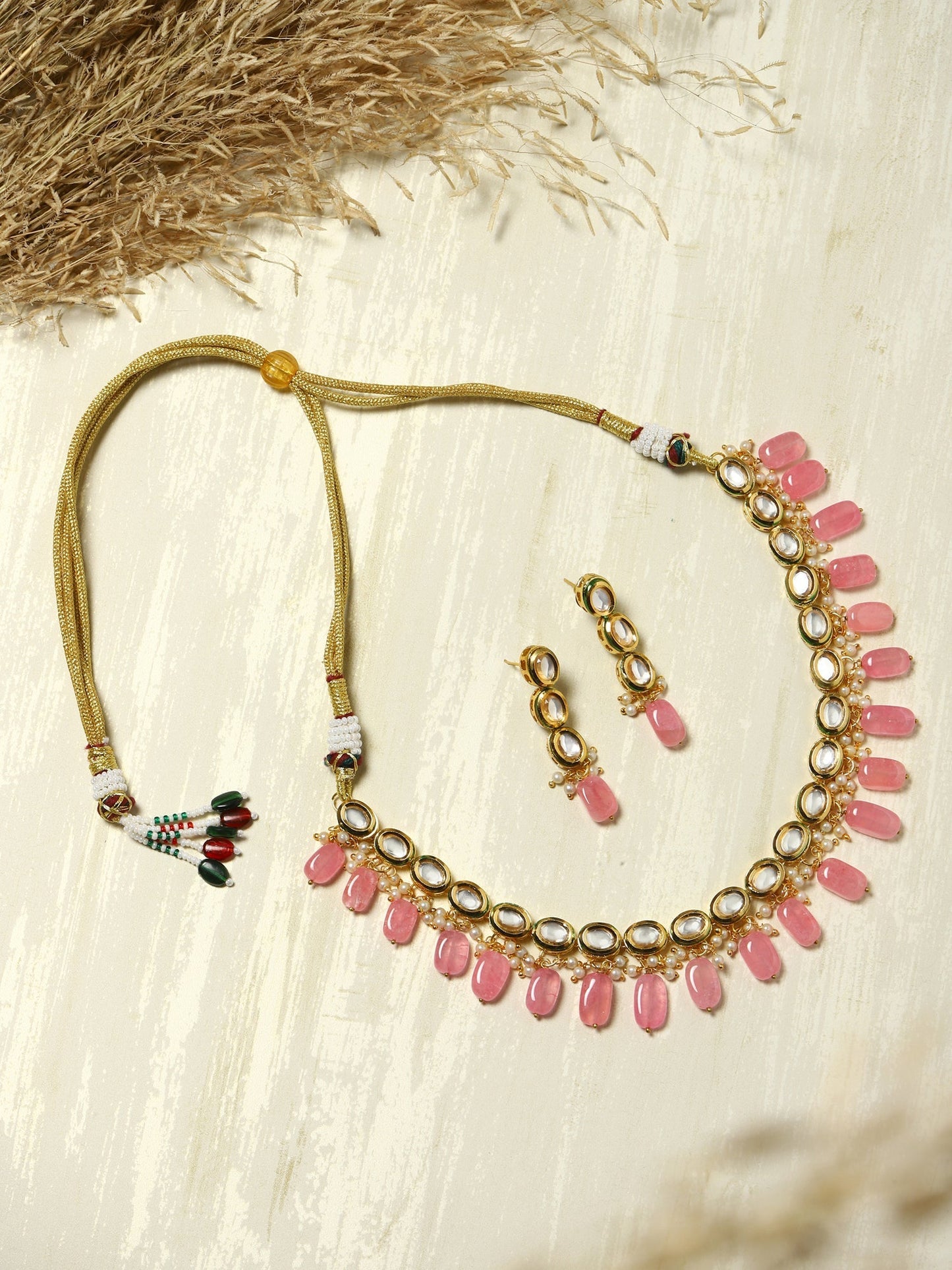 Gold-Polished White Pink Kundan-Studded Pearl Beaded Handcrafted Jewellery Set - Ruby Raang - Swadesiicart