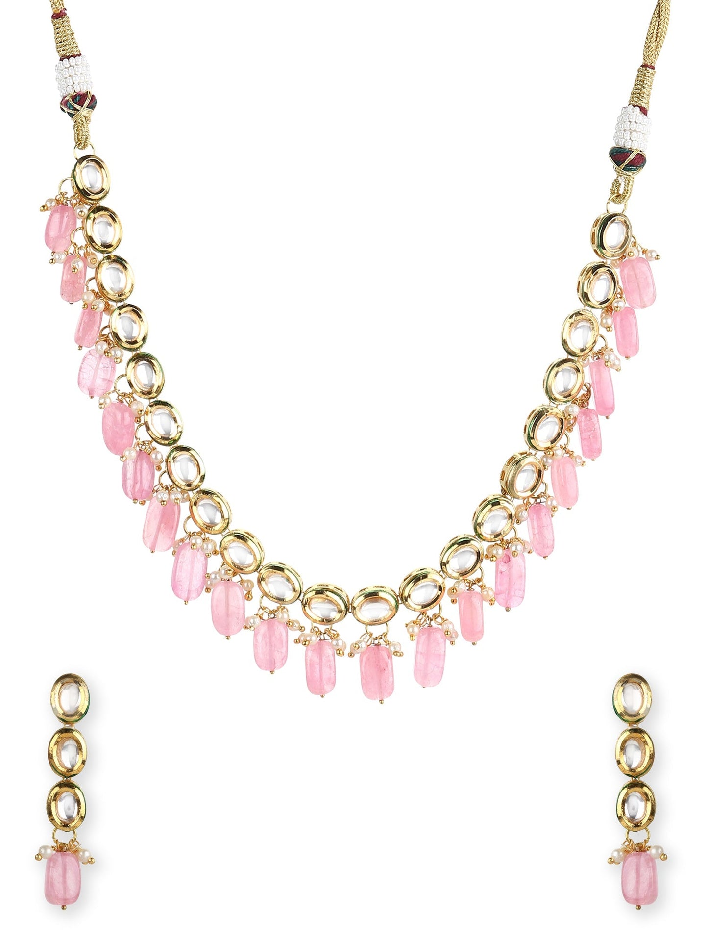 Gold-Polished White Pink Kundan-Studded Pearl Beaded Handcrafted Jewellery Set - Ruby Raang - Swadesiicart