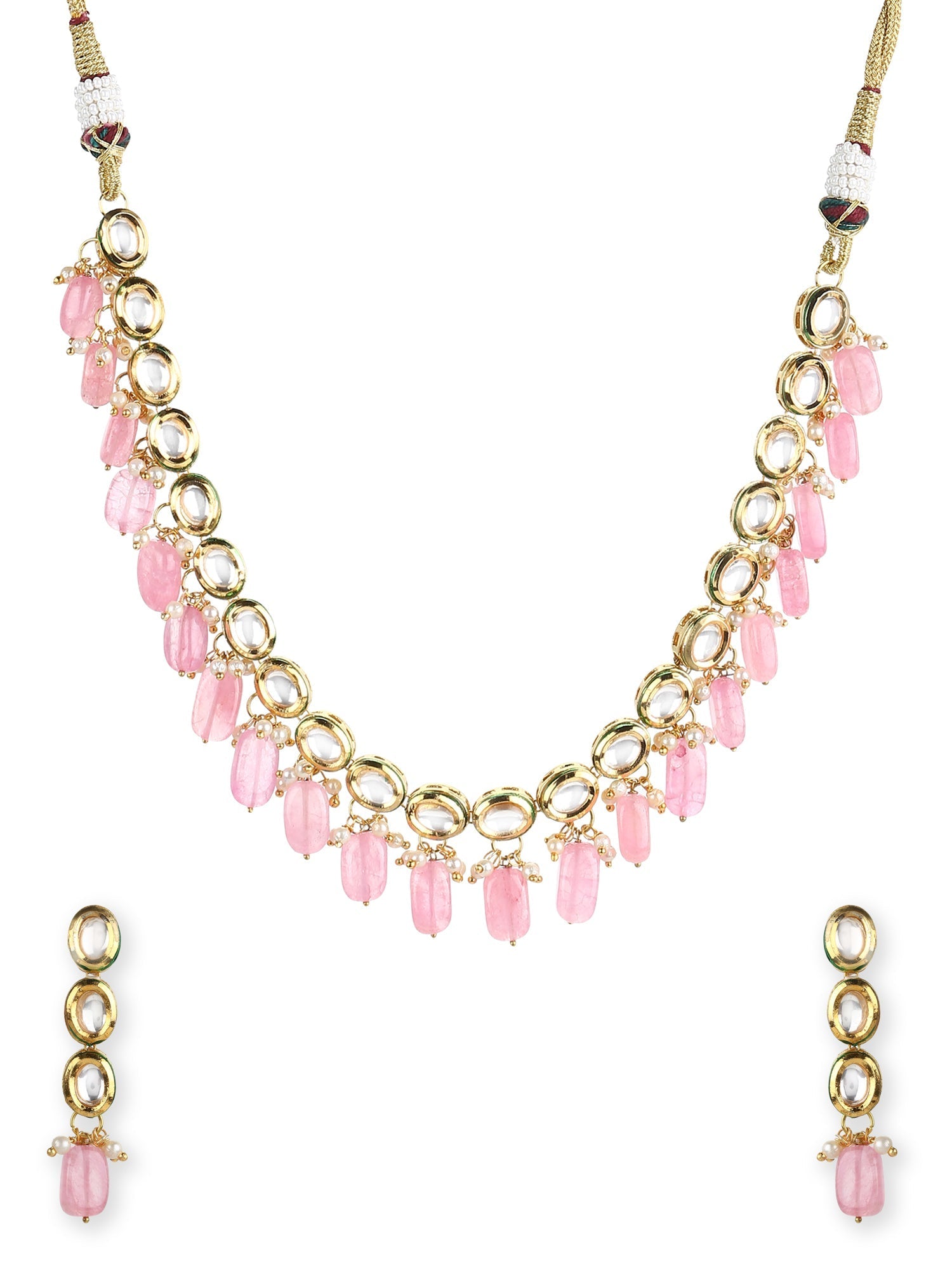 Gold-Polished White Pink Kundan-Studded Pearl Beaded Handcrafted Jewellery Set - Ruby Raang - Swadesiicart