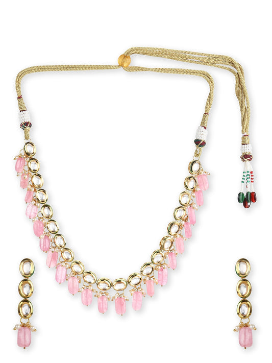 Gold-Polished White Pink Kundan-Studded Pearl Beaded Handcrafted Jewellery Set - Ruby Raang - Swadesiicart