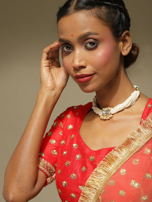 Gold-Polished White Brass Kundan Pearls Choker Necklace - Ruby Raang | Swadesiicart
