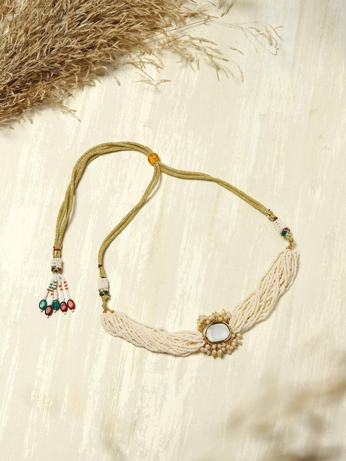 Gold-Polished White Brass Kundan Pearls Choker Necklace - Ruby Raang | Swadesiicart