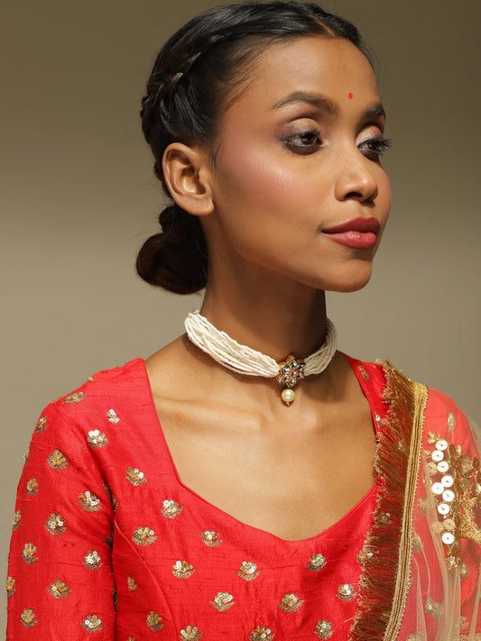 Gold-Polished White Green Brass Kundan Pearls Choker Necklace - Ruby Raang | Swadesiicart