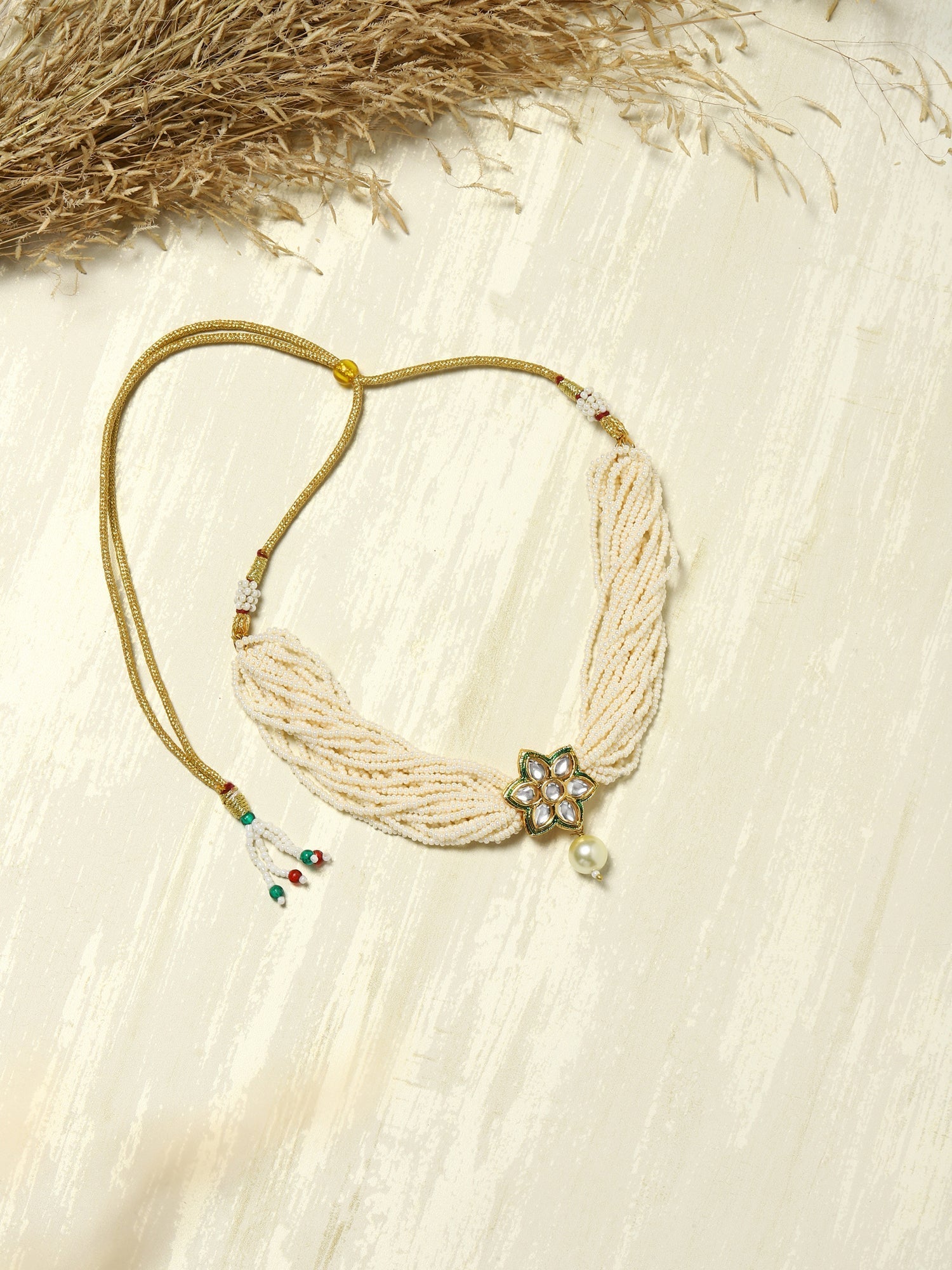 Gold-Polished White Green Brass Kundan Pearls Choker Necklace - Ruby Raang | Swadesiicart