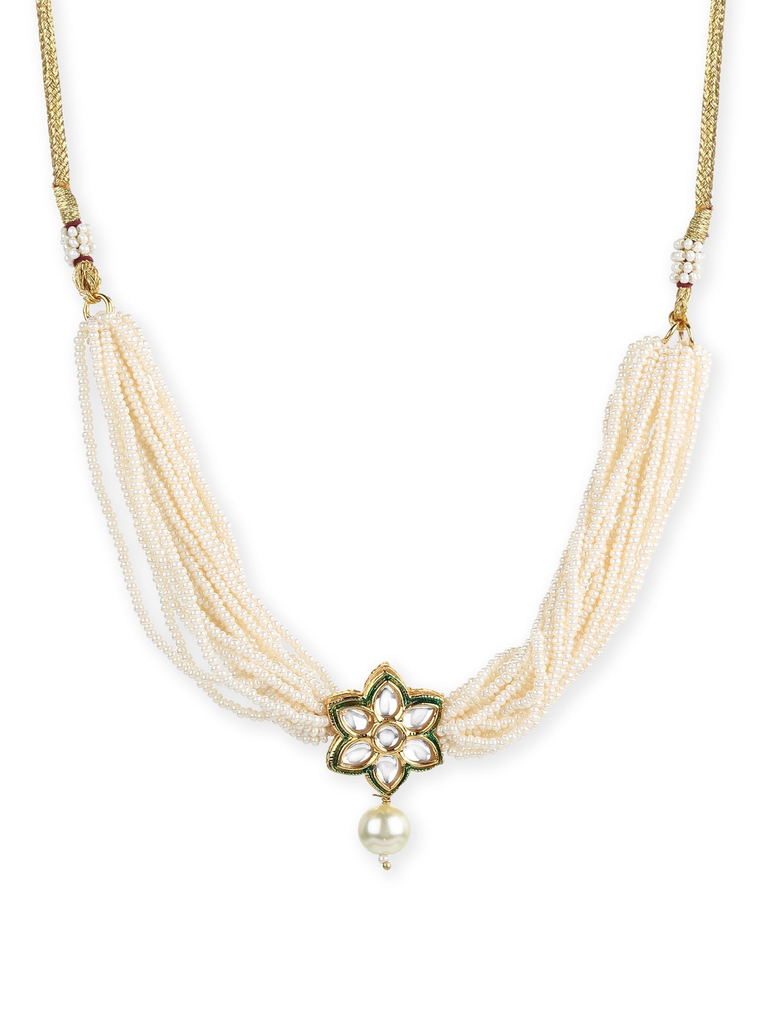 Gold-Polished White Green Brass Kundan Pearls Choker Necklace - Ruby Raang | Swadesiicart