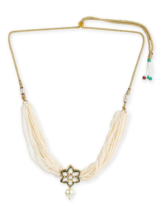 Gold-Polished White Green Brass Kundan Pearls Choker Necklace - Ruby Raang | Swadesiicart