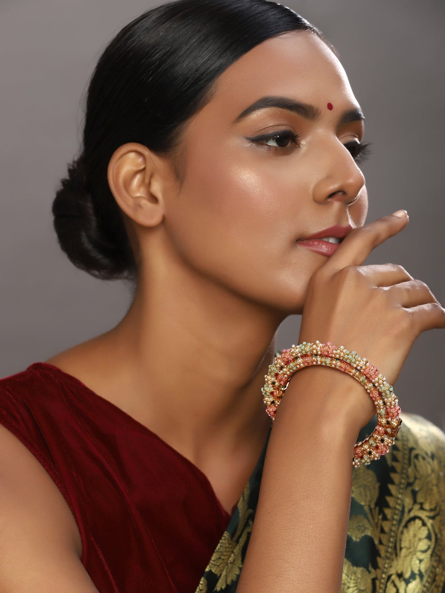 Gold-Polished Green Stone-Studded Beaded Meenakari Bangle - Ruby Raang - Ruby Raang Studio