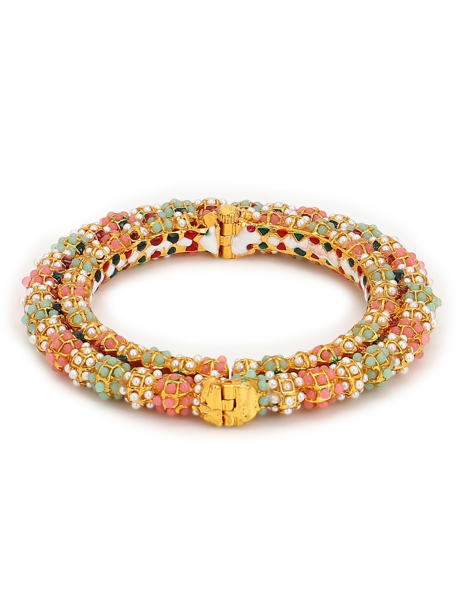 Gold-Polished Green Stone-Studded Beaded Meenakari Bangle - Ruby Raang - Swadesiicart