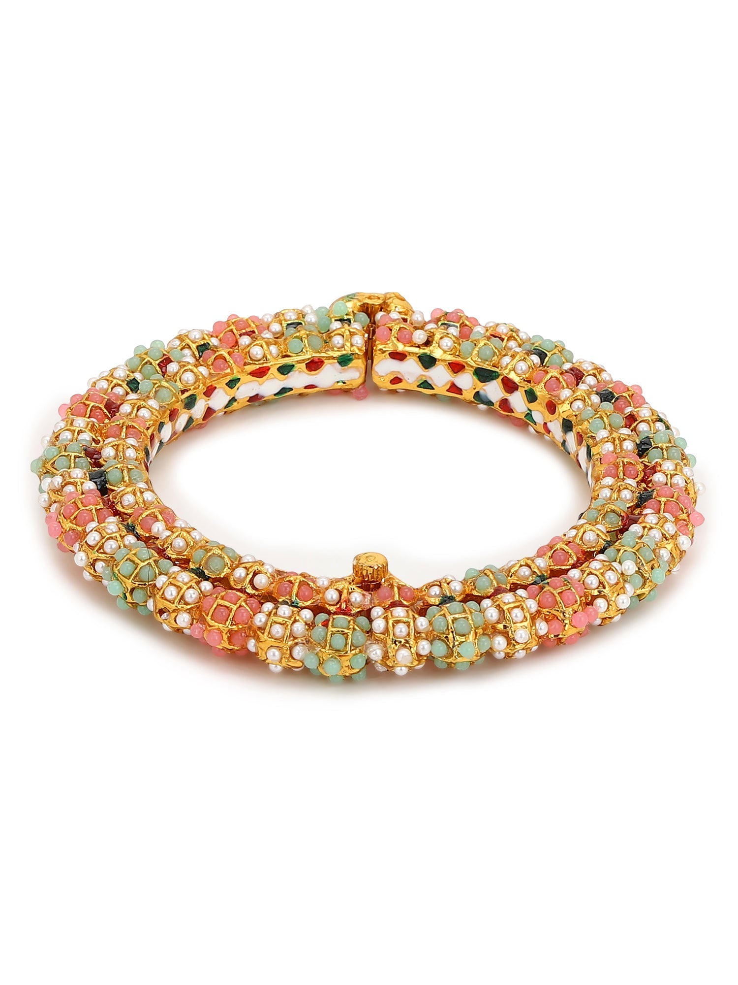 Gold-Polished Green Stone-Studded Beaded Meenakari Bangle - Ruby Raang - Swadesiicart