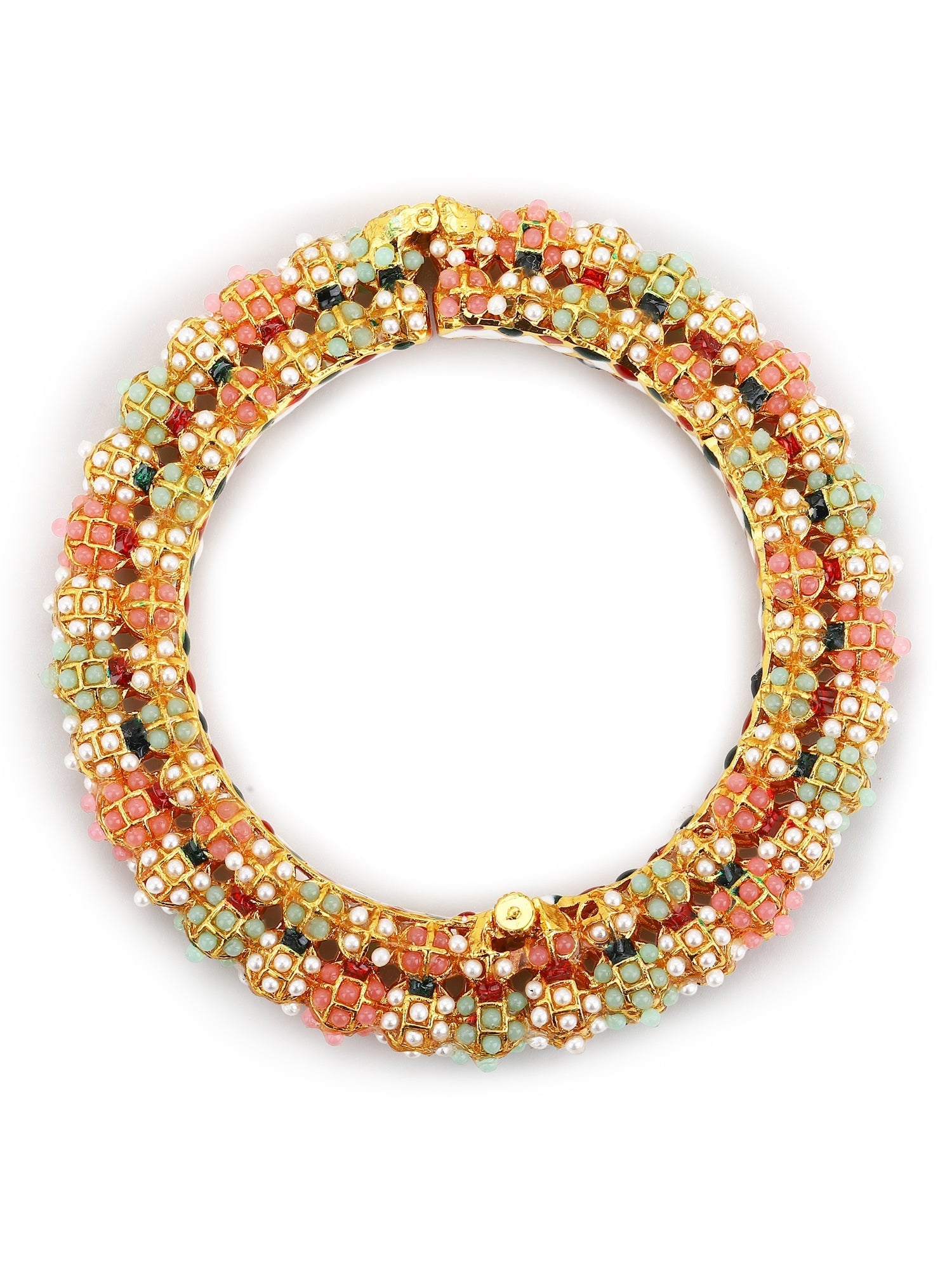 Gold-Polished Green Stone-Studded Beaded Meenakari Bangle - Ruby Raang - Swadesiicart
