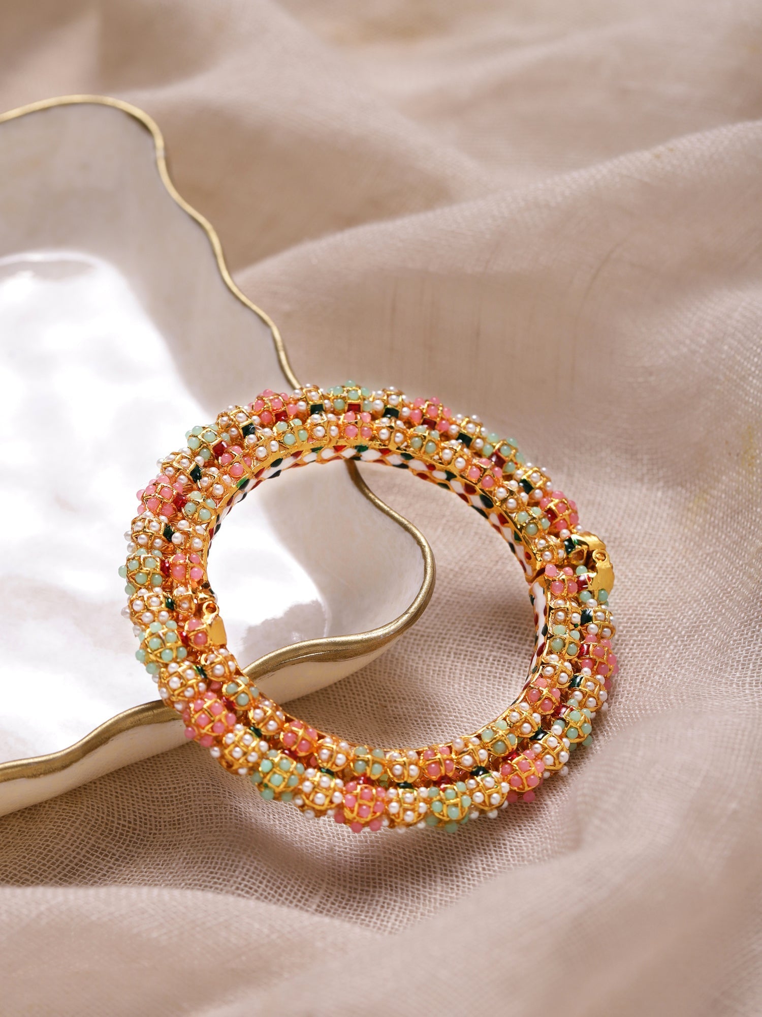 Gold-Polished Green Stone-Studded Beaded Meenakari Bangle - Ruby Raang - Swadesiicart