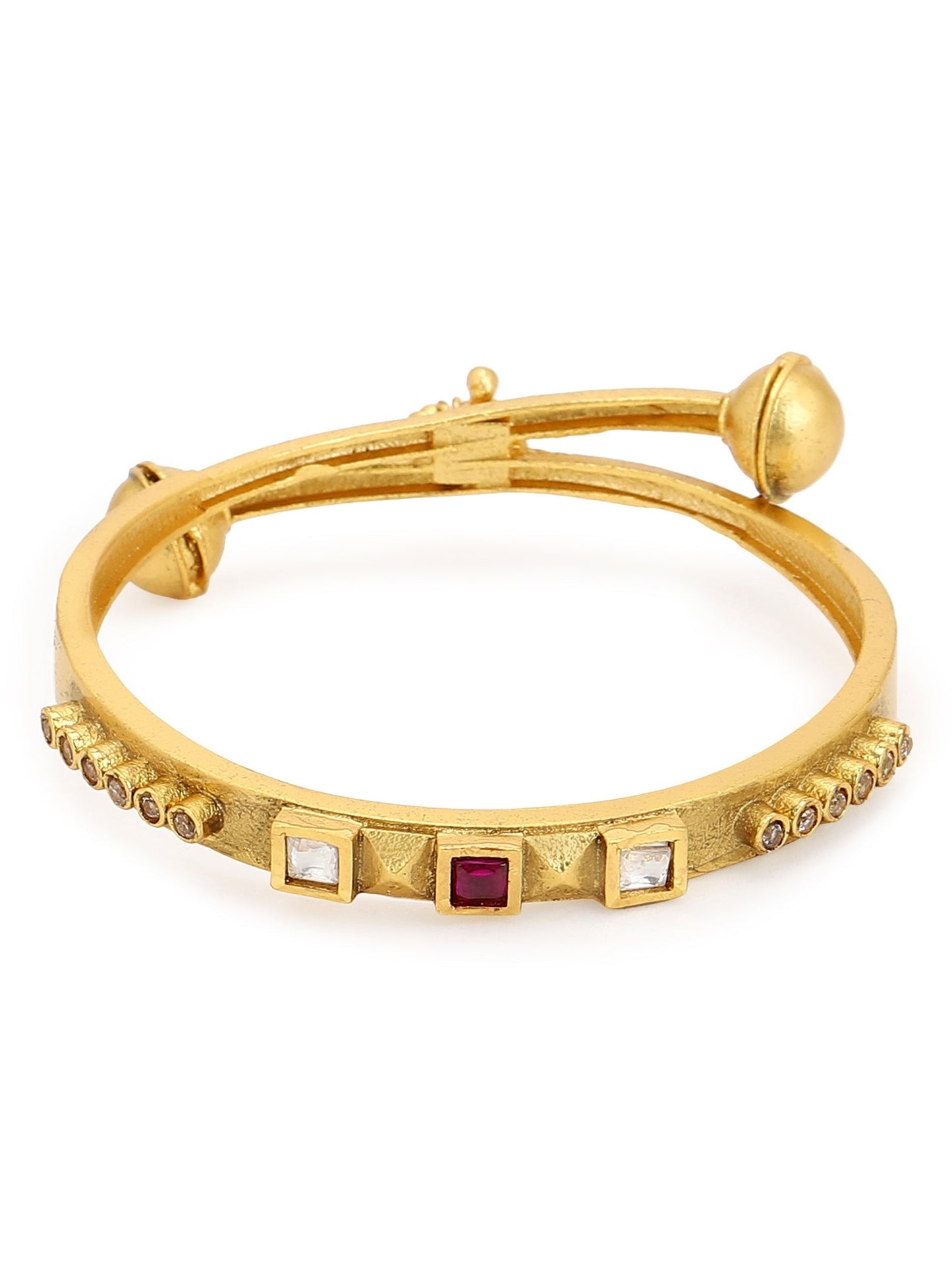 Gold-Polished White Red Stone Studded Beaded Bangle - Ruby Raang - Swadesiicart