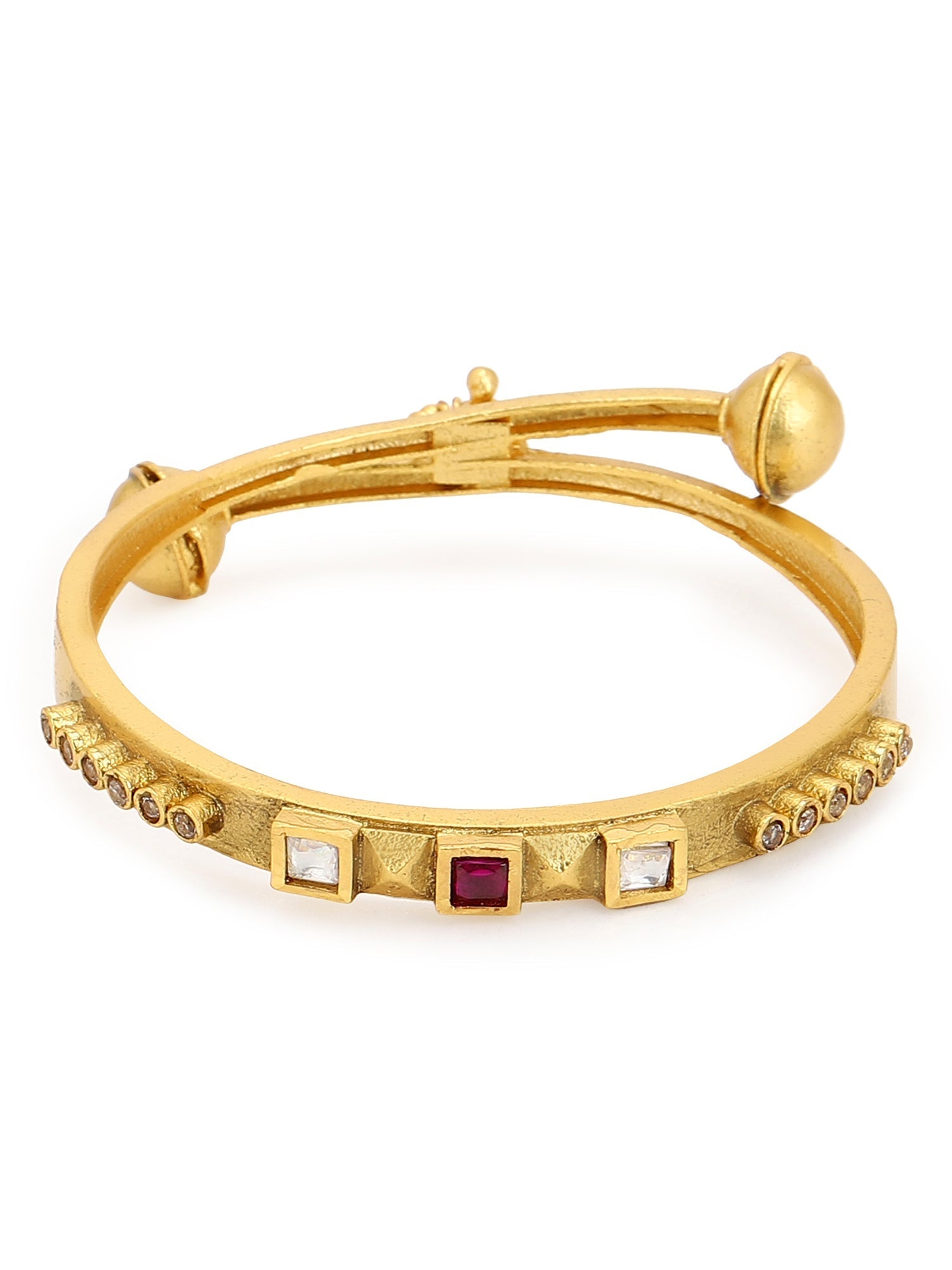 Gold-Polished White Red Stone Studded Beaded Bangle - Ruby Raang - Swadesiicart