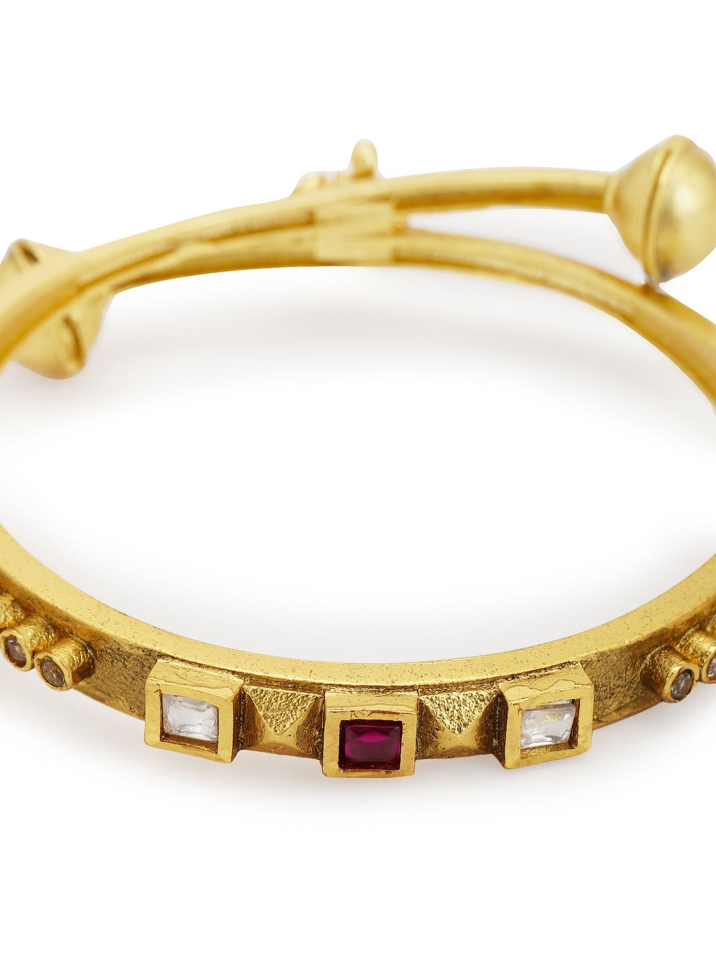 Gold-Polished White Red Stone Studded Beaded Bangle - Ruby Raang - Swadesiicart