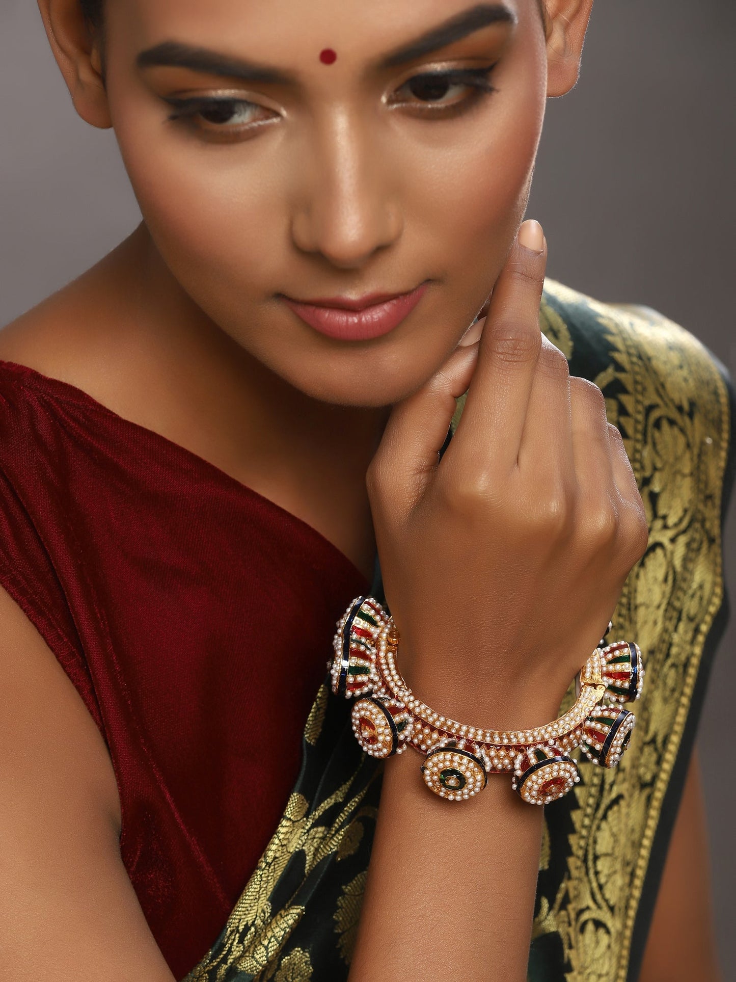 Gold-Polished White Green Stone Studded Meenakari Bangle - Ruby Raang - Ruby Raang Studio