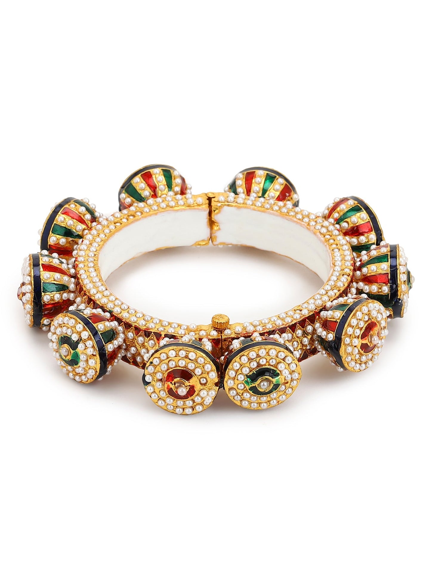 Gold-Polished White Green Stone Studded Meenakari Bangle - Ruby Raang - Swadesiicart