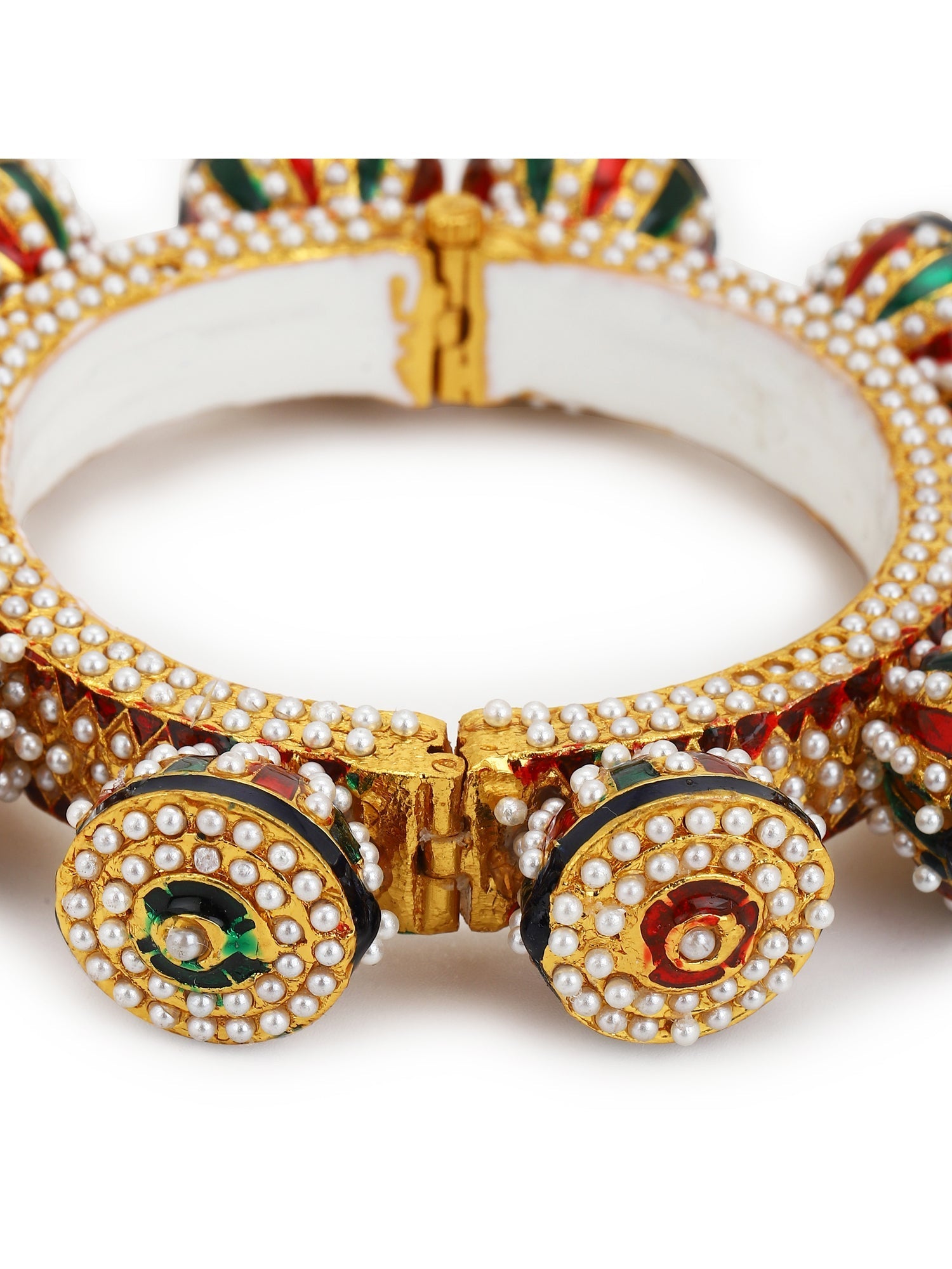 Gold-Polished White Green Stone Studded Meenakari Bangle - Ruby Raang - Swadesiicart