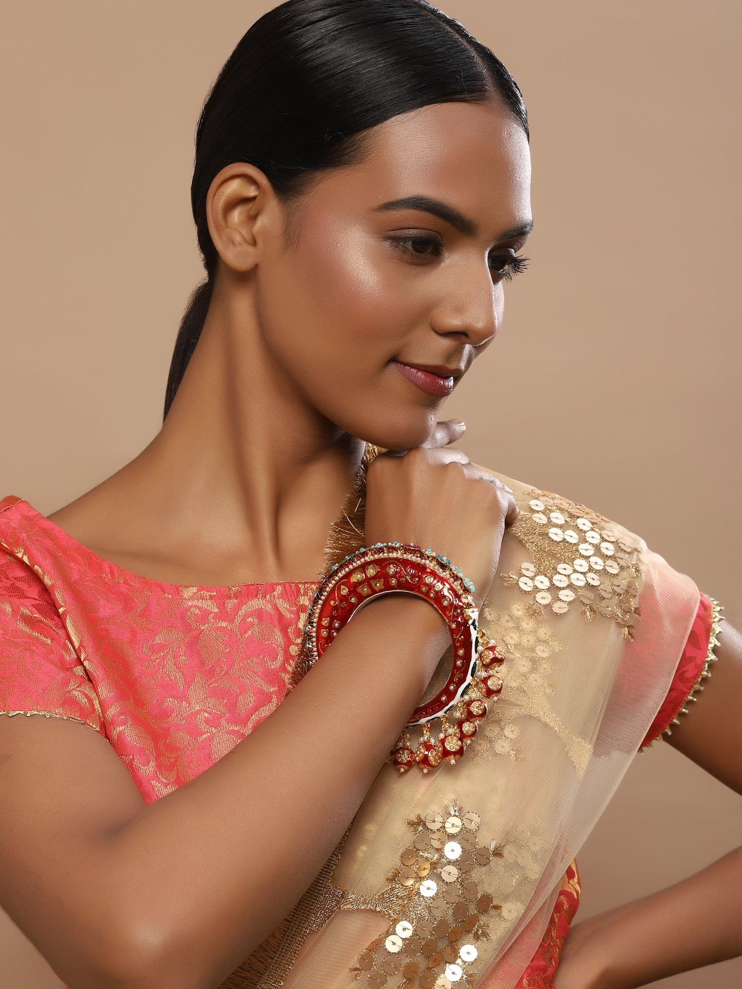Gold-Polished Red Stone Studded Meenakari Bangle - Ruby Raang - Ruby Raang Studio