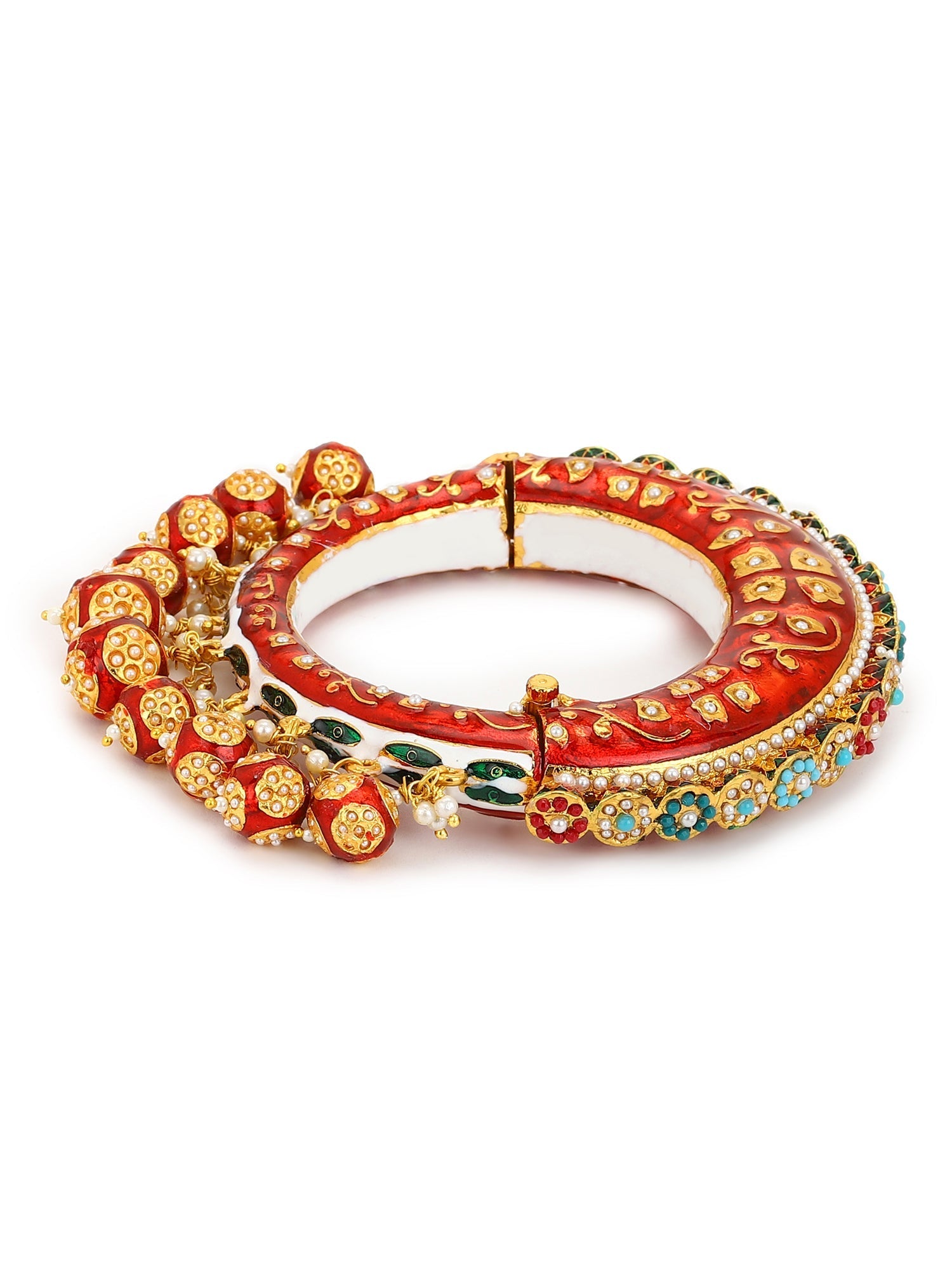 Gold-Polished Red Stone Studded Meenakari Bangle - Ruby Raang - Swadesiicart