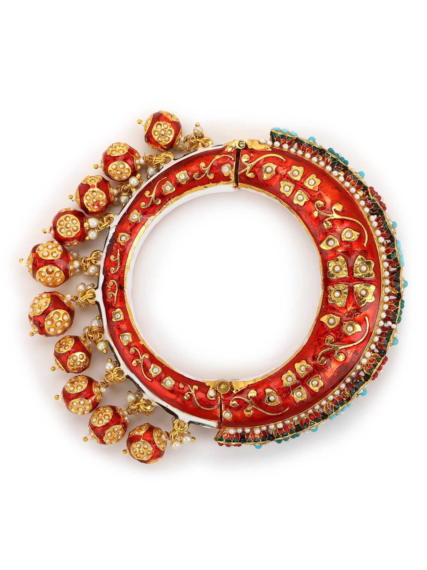 Gold-Polished Red Stone Studded Meenakari Bangle - Ruby Raang - Swadesiicart