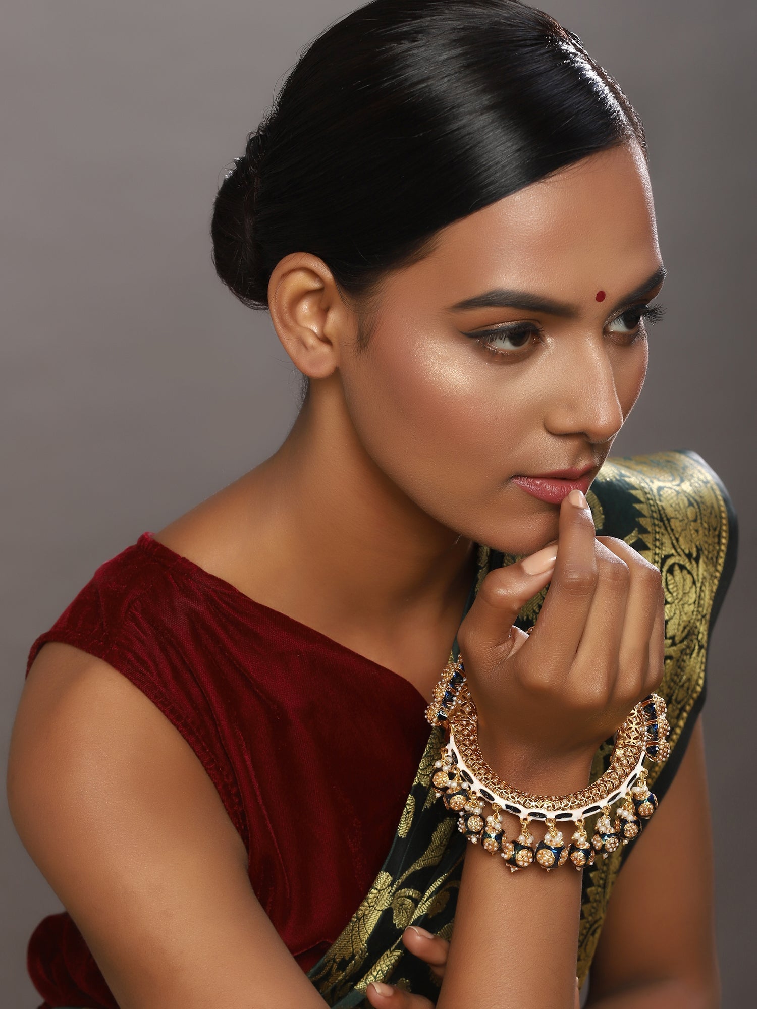 Gold-Polished Navy Blue Navratan Meenakari Bangle - Ruby Raang - Ruby Raang Studio