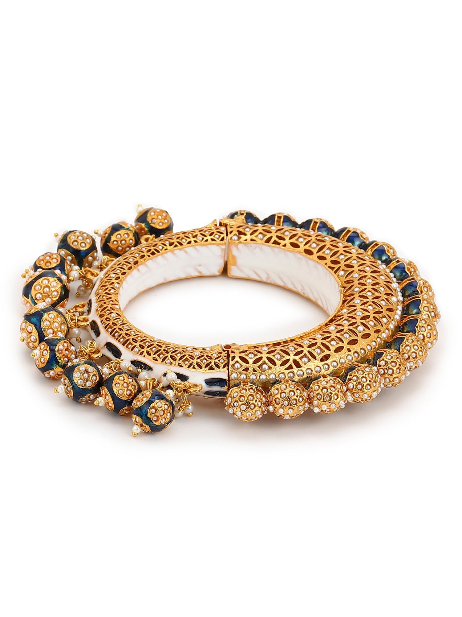 Gold-Polished Navy Blue Navratan Meenakari Bangle - Ruby Raang - Swadesiicart