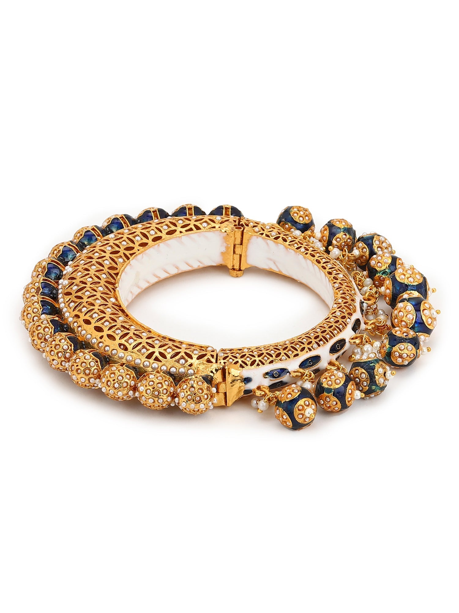 Gold-Polished Navy Blue Navratan Meenakari Bangle - Ruby Raang - Swadesiicart