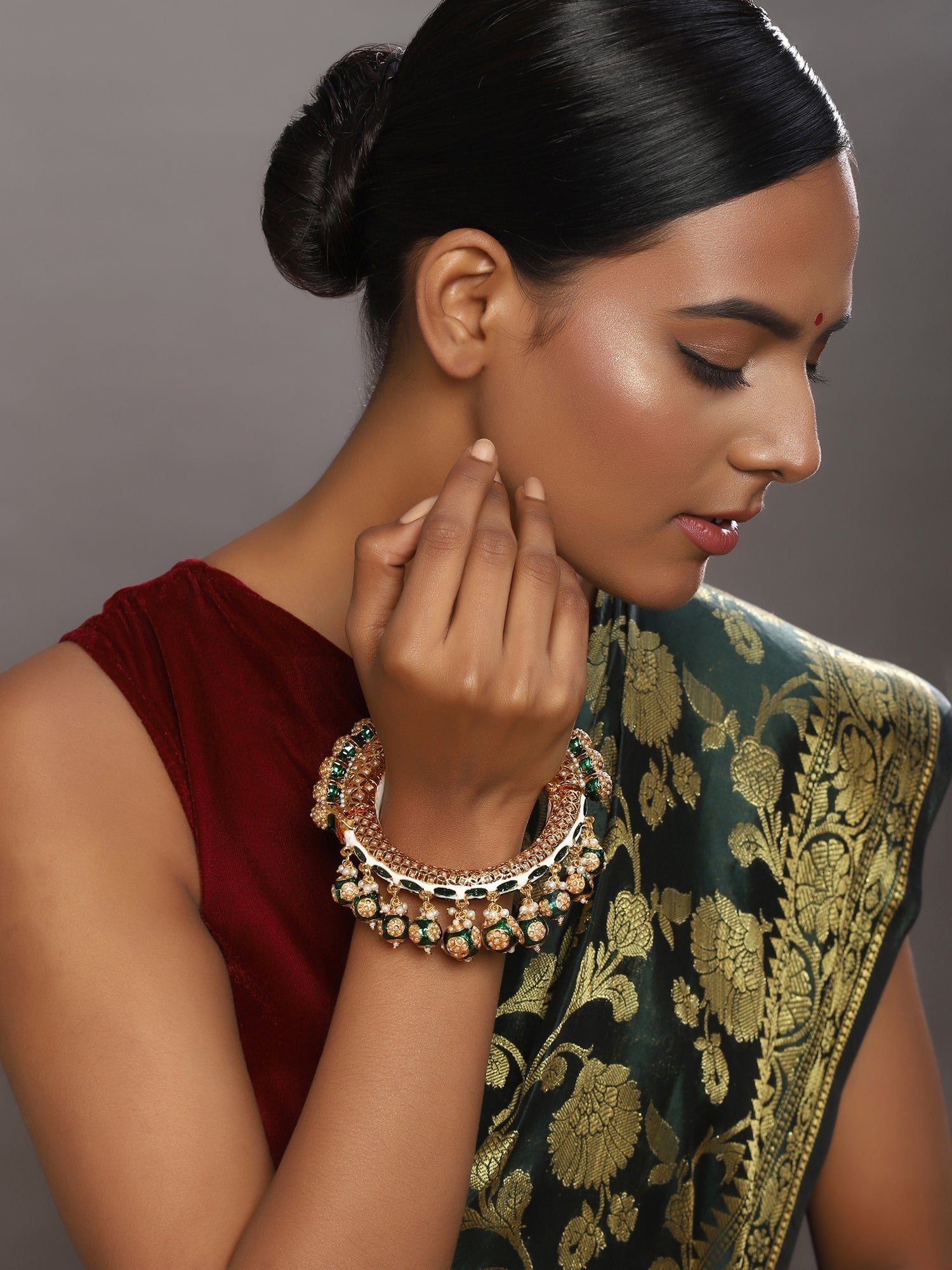 Gold-Polished Green Meenakari Bangle - Ruby Raang - Ruby Raang Studio