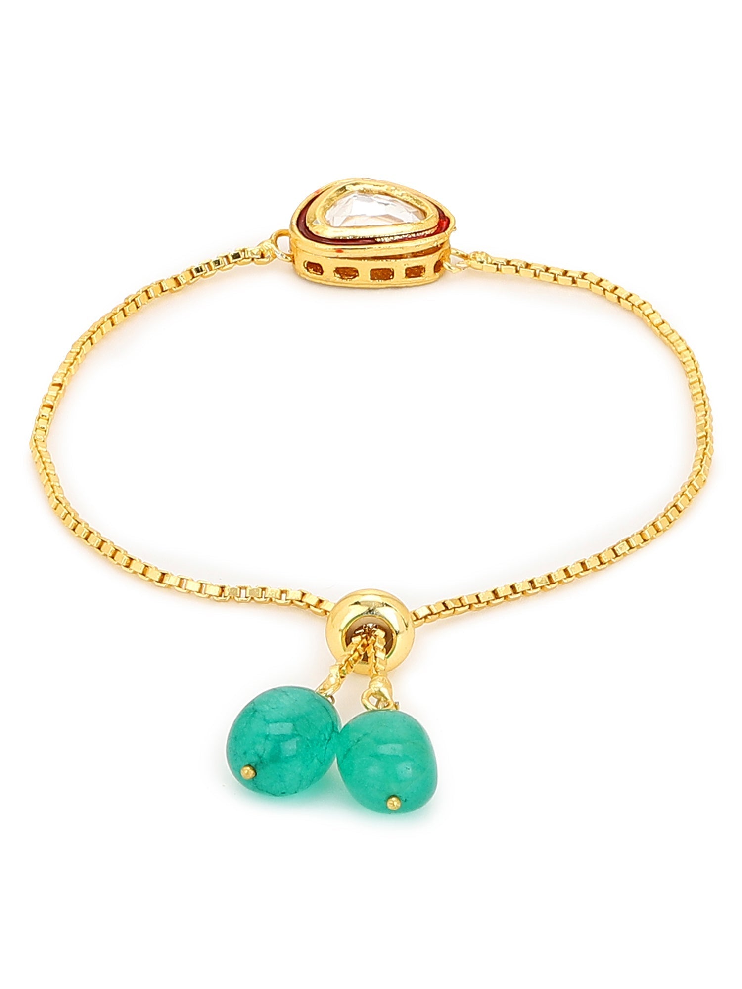 Women's Gold-Polished Green Brass Kundan Charm Bracelet - Ruby Raang - Swadesiicart