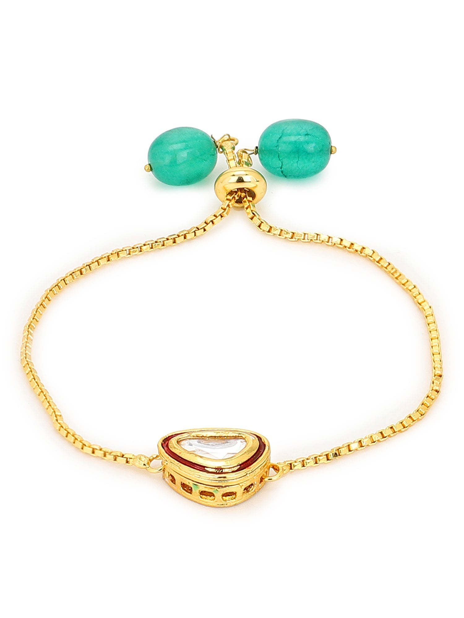 Women's Gold-Polished Green Brass Kundan Charm Bracelet - Ruby Raang - Swadesiicart