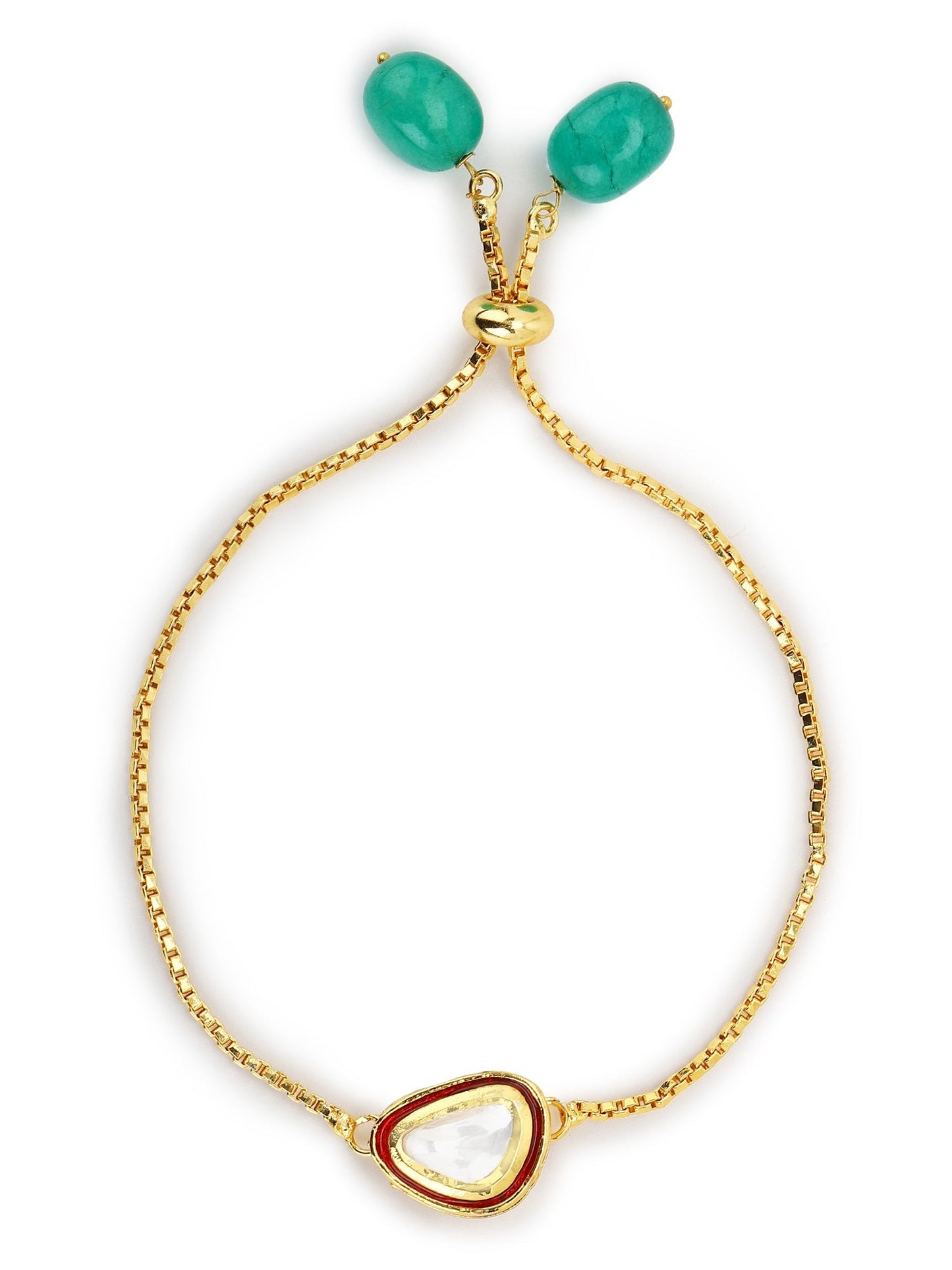 Women's Gold-Polished Green Brass Kundan Charm Bracelet - Ruby Raang - Swadesiicart