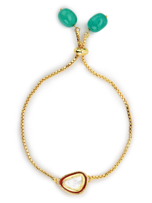 Women's Gold-Polished Green Brass Kundan Charm Bracelet - Ruby Raang - Swadesiicart
