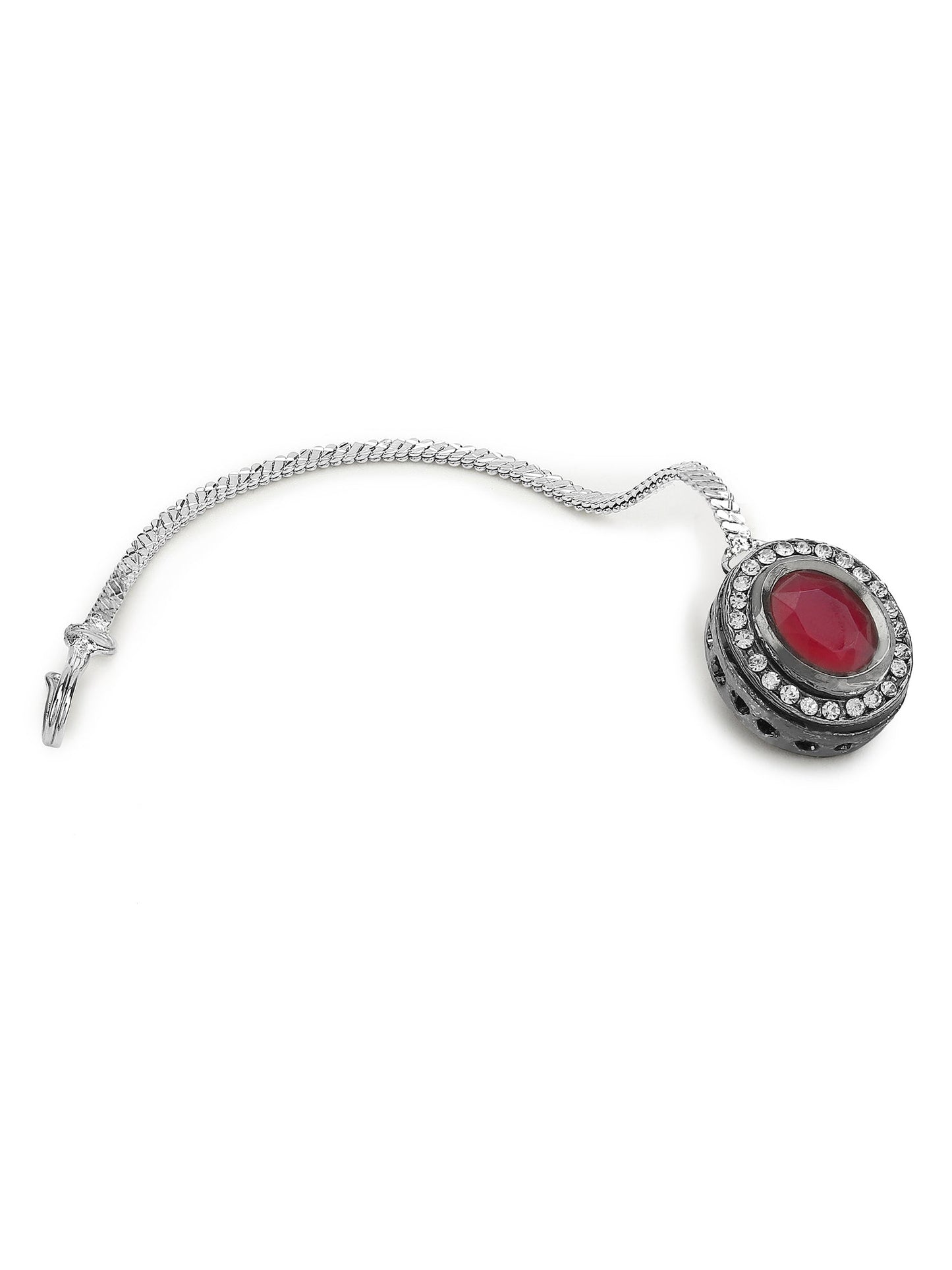 Gold-Polished Maroon White Kundan Stone -Studded Maang Tikka - Ruby Raang | Swadesiicart