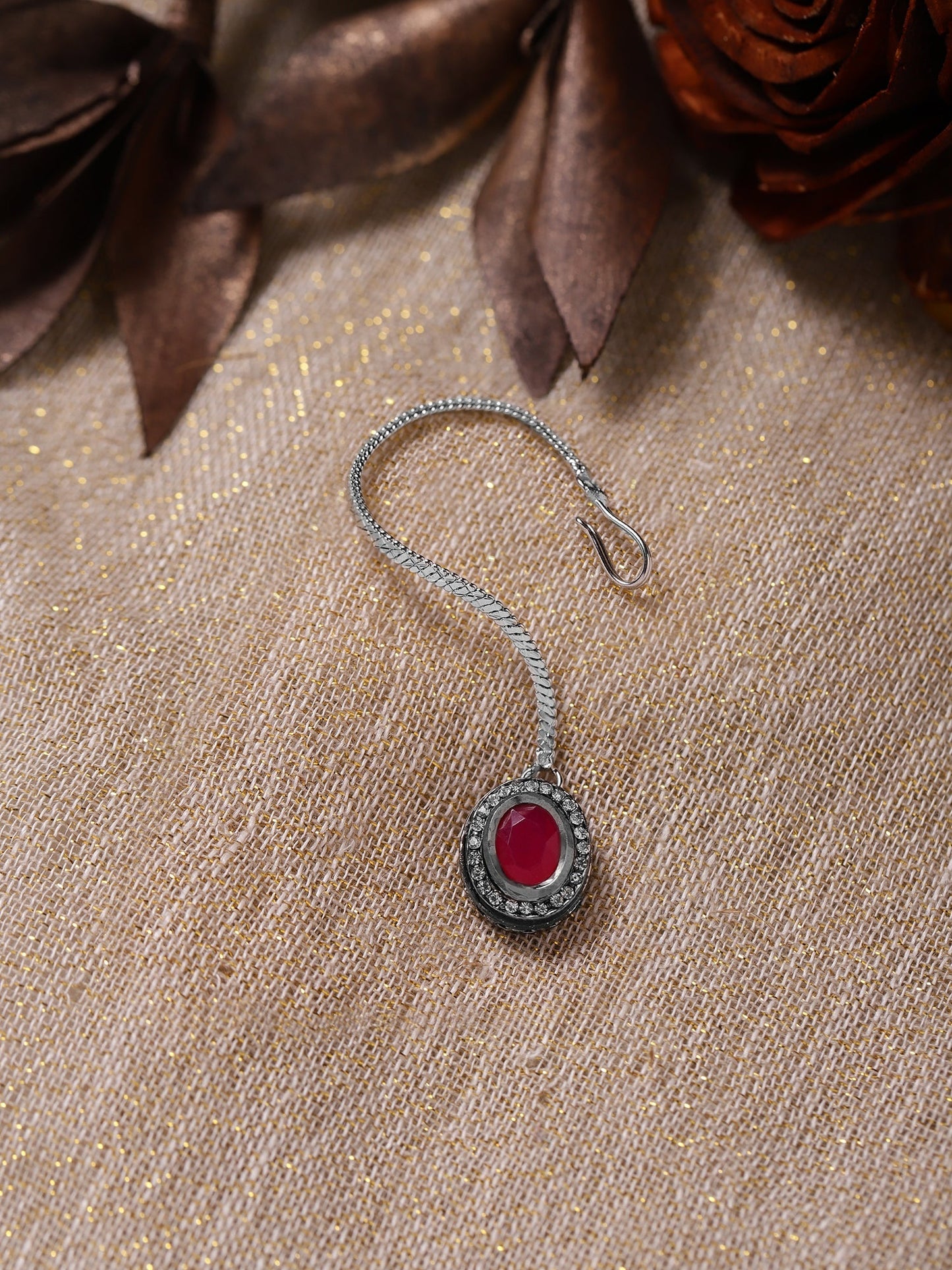 Gold-Polished Maroon White Kundan Stone -Studded Maang Tikka - Ruby Raang | Swadesiicart