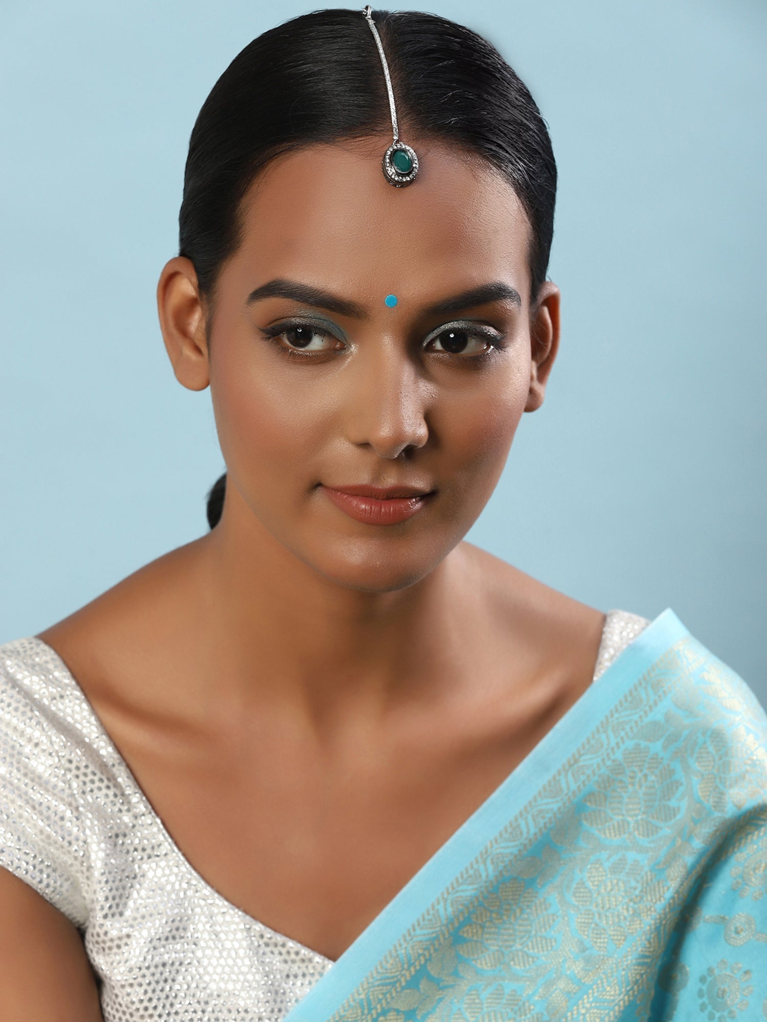 Silver-Plated Green Kundan Stone-Studded Maang Tikka - Ruby Raang | Swadesiicart