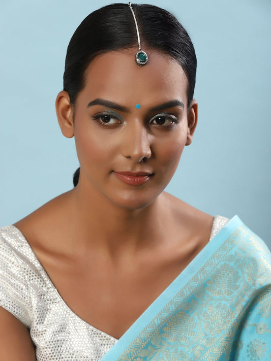 Silver-Plated Green Kundan Stone-Studded Maang Tikka - Ruby Raang | Swadesiicart