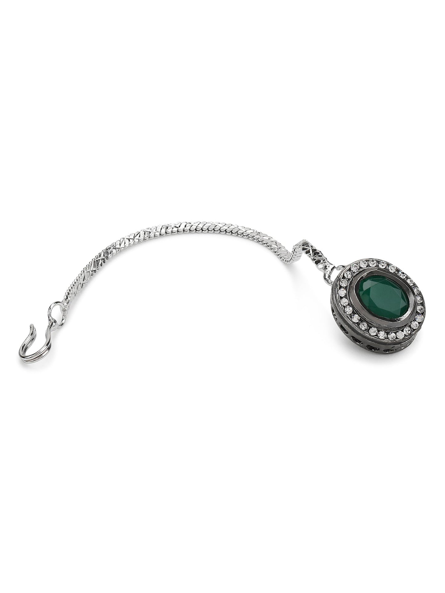 Silver-Plated Green Kundan Stone-Studded Maang Tikka - Ruby Raang | Swadesiicart