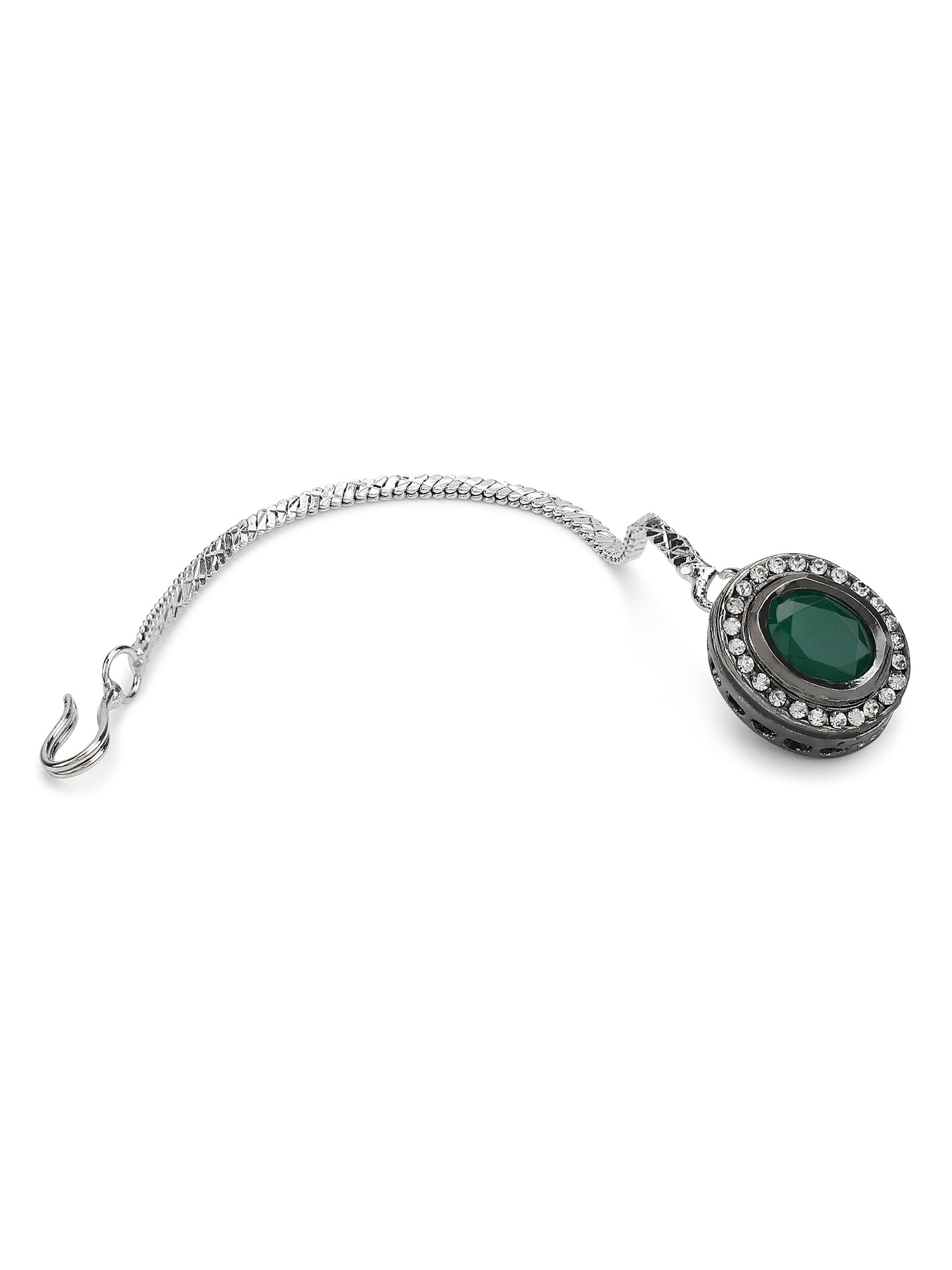 Silver-Plated Green Kundan Stone-Studded Maang Tikka - Ruby Raang | Swadesiicart