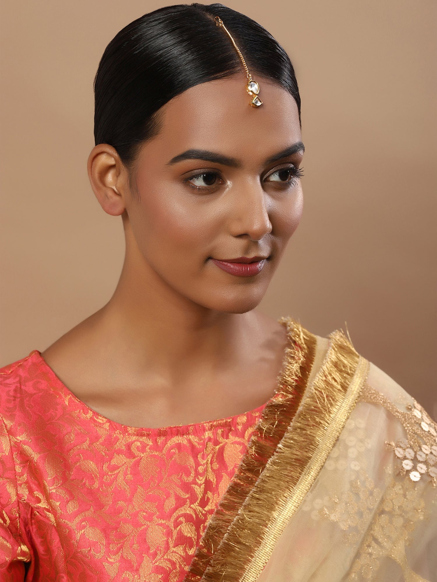 Gold-Polished White Kundan-Studded Maang Tikka - Ruby Raang | Swadesiicart