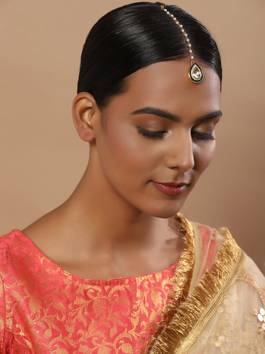 White Gold-Toned Plated Kundan-Studded Pearl Beaded Maang Tikka - Ruby Raang | Swadesiicart