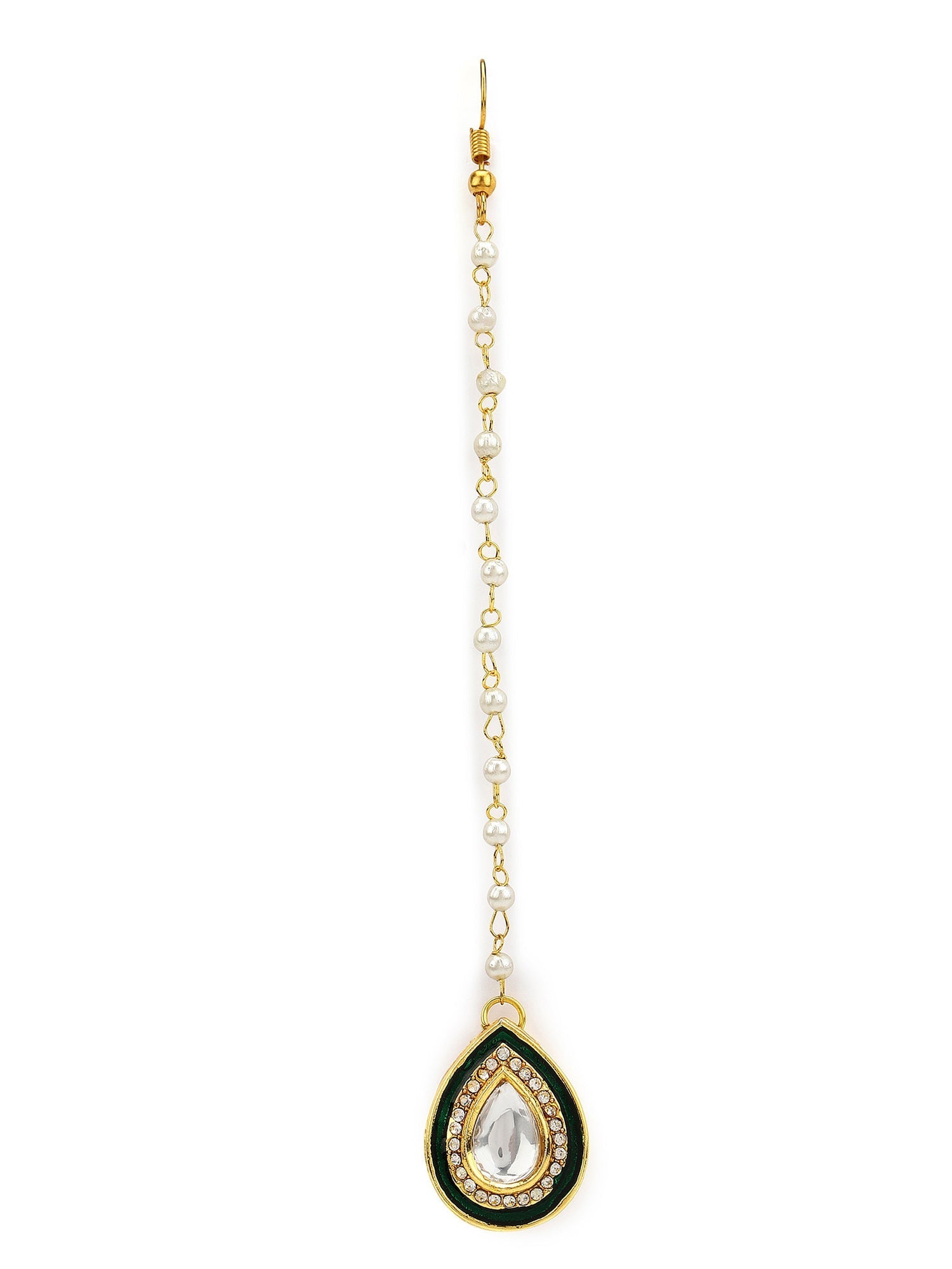 White Gold-Toned Plated Kundan-Studded Pearl Beaded Maang Tikka - Ruby Raang | Swadesiicart