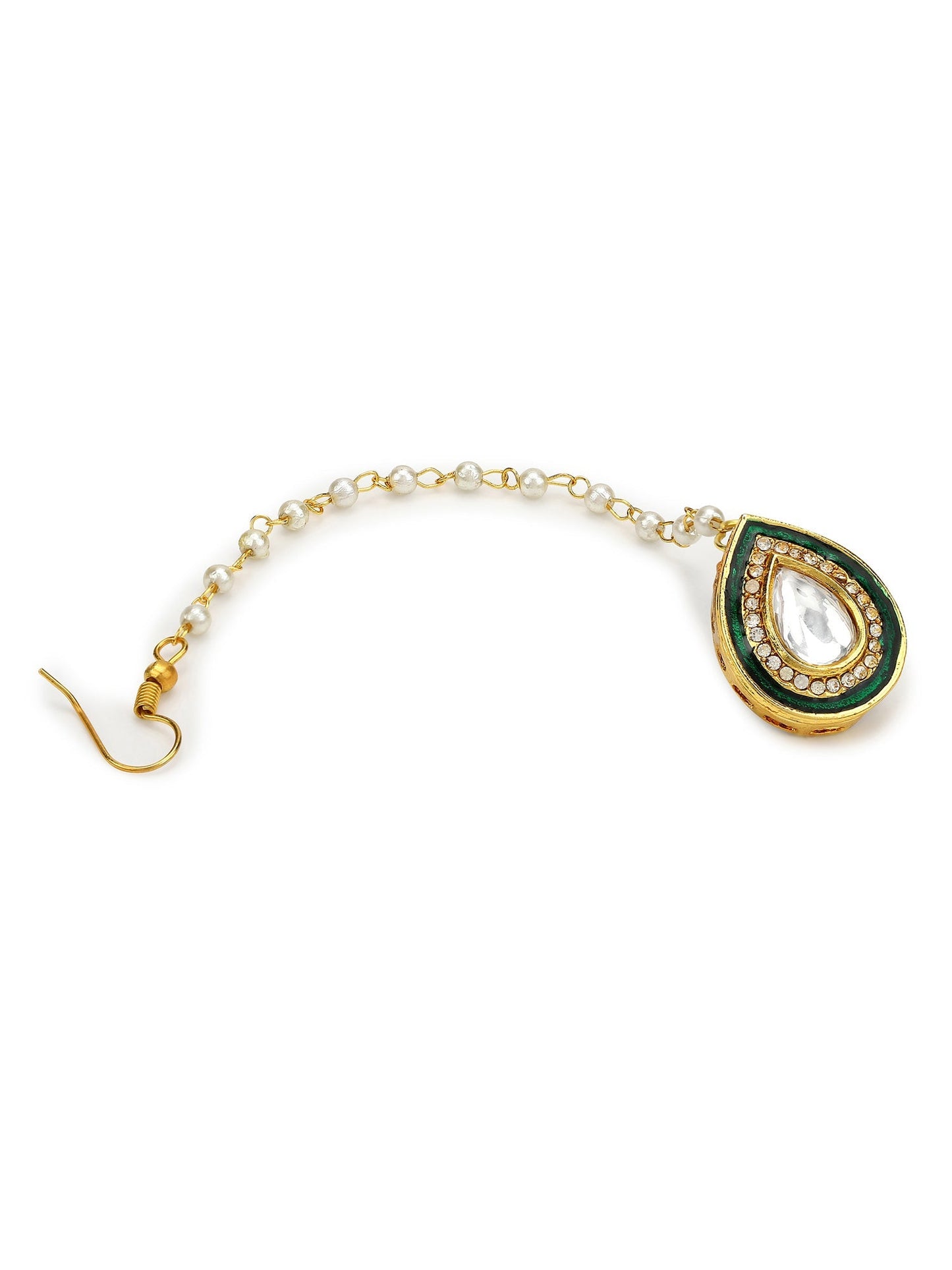White Gold-Toned Plated Kundan-Studded Pearl Beaded Maang Tikka - Ruby Raang | Swadesiicart