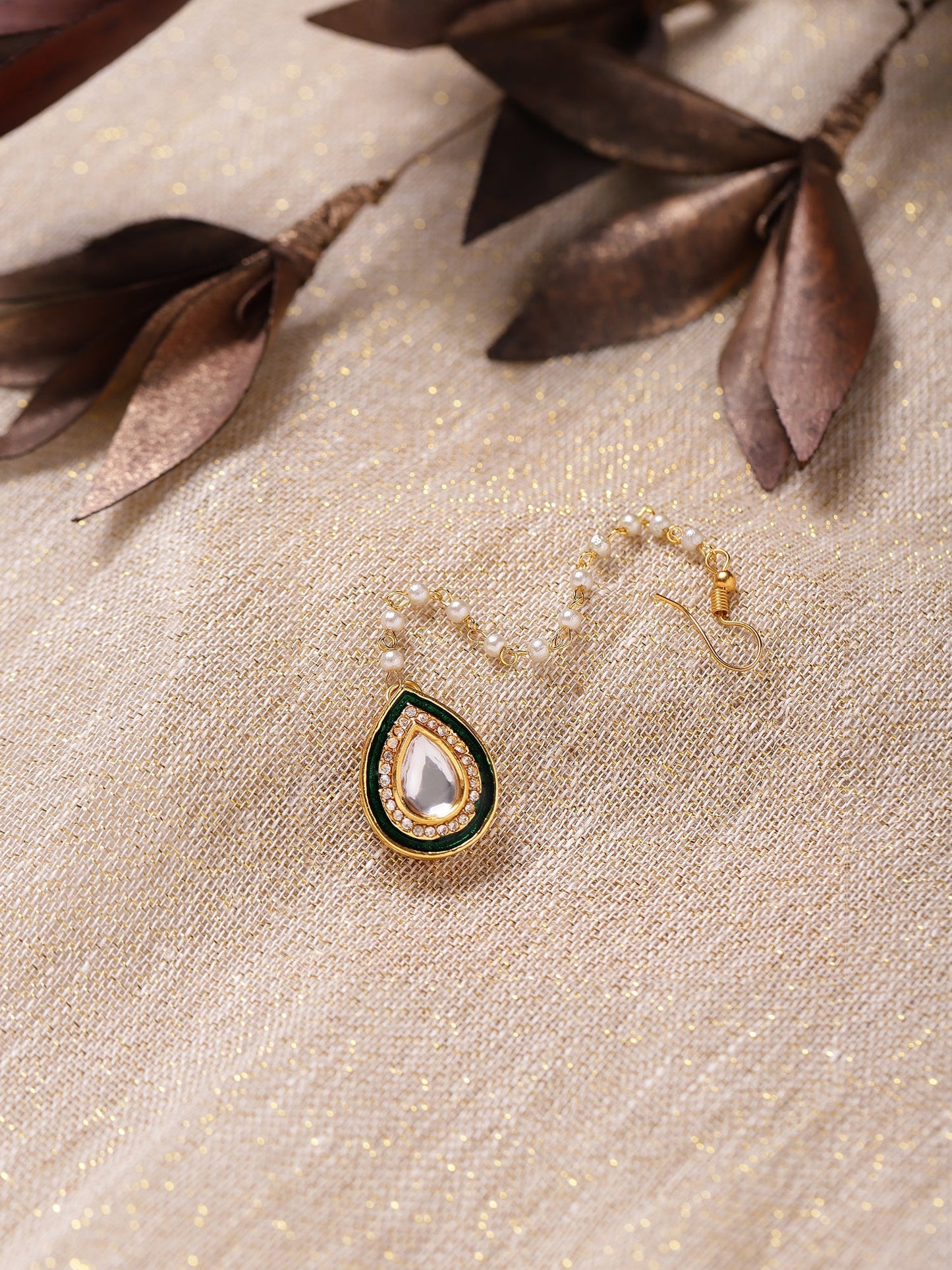 White Gold-Toned Plated Kundan-Studded Pearl Beaded Maang Tikka - Ruby Raang | Swadesiicart